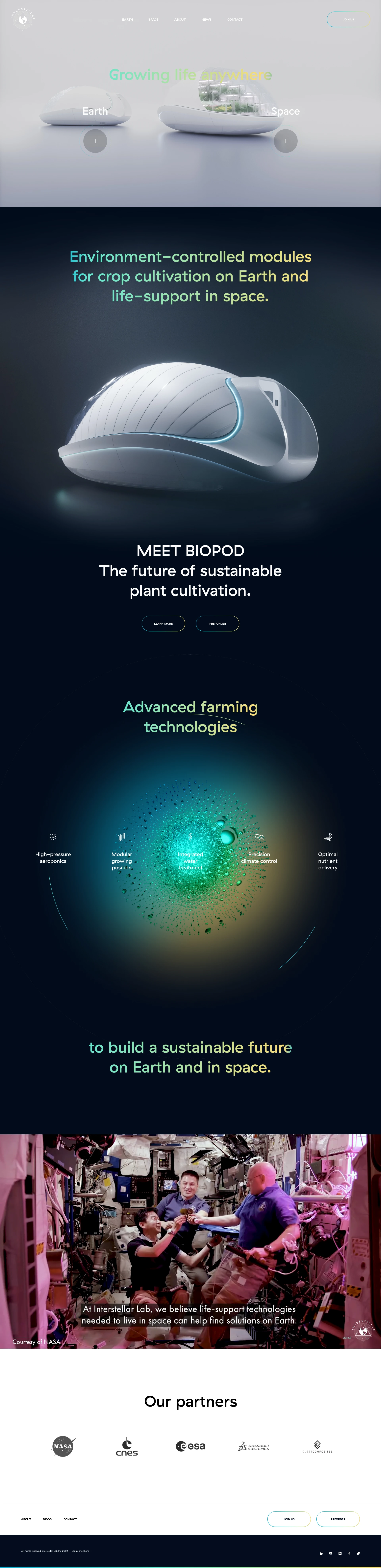 Interstellar Lab Landing Page Example: Interstellar Lab develops sustainable cultivation solutions on Earth and paves the way towards regenerative life-support in space.
