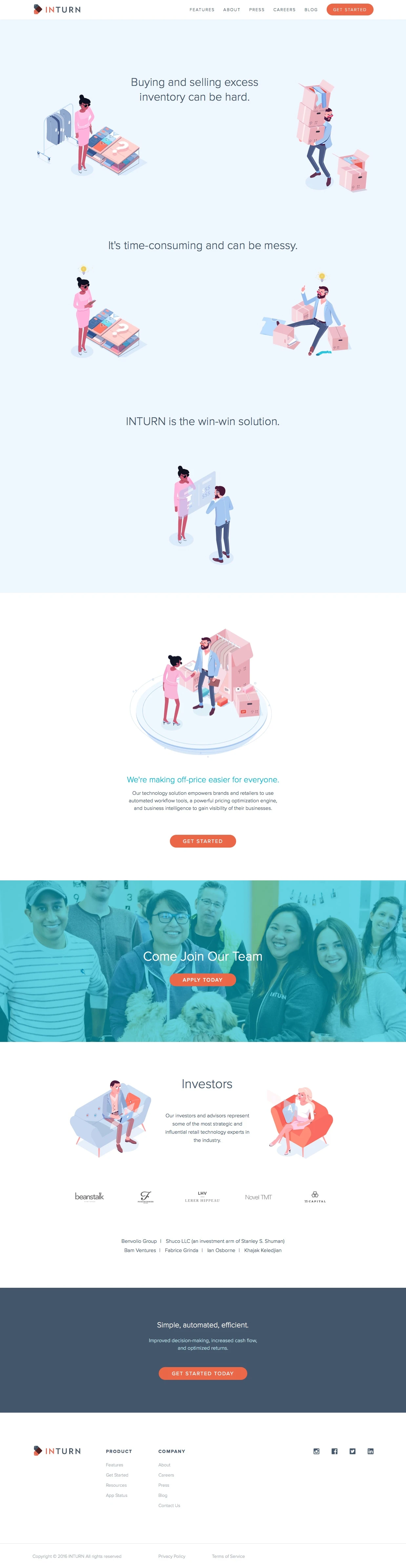 Inturn Landing Page Example: Our technology solution empowers brands and retailers to use automated workflow tools, a powerful pricing optimization engine, and business intelligence to gain visibility of their businesses