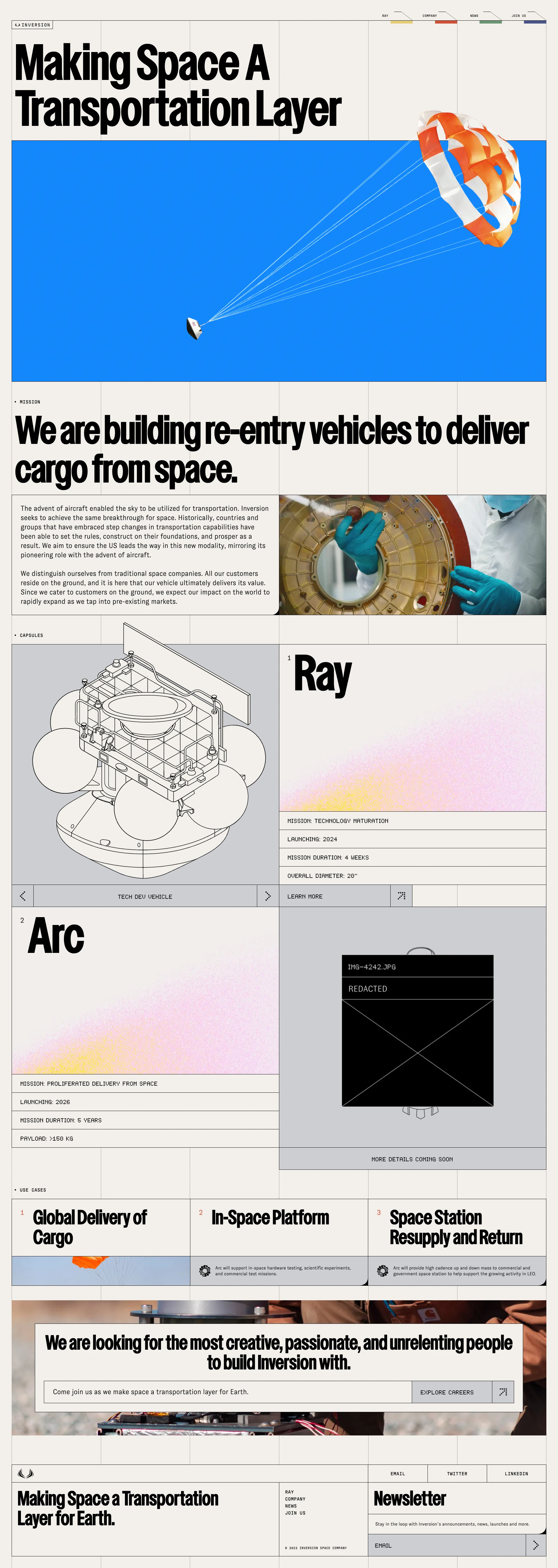 Inversion Landing Page Example: Making space a transportation layer. We are building re-entry vehicles to deliver cargo from space.
