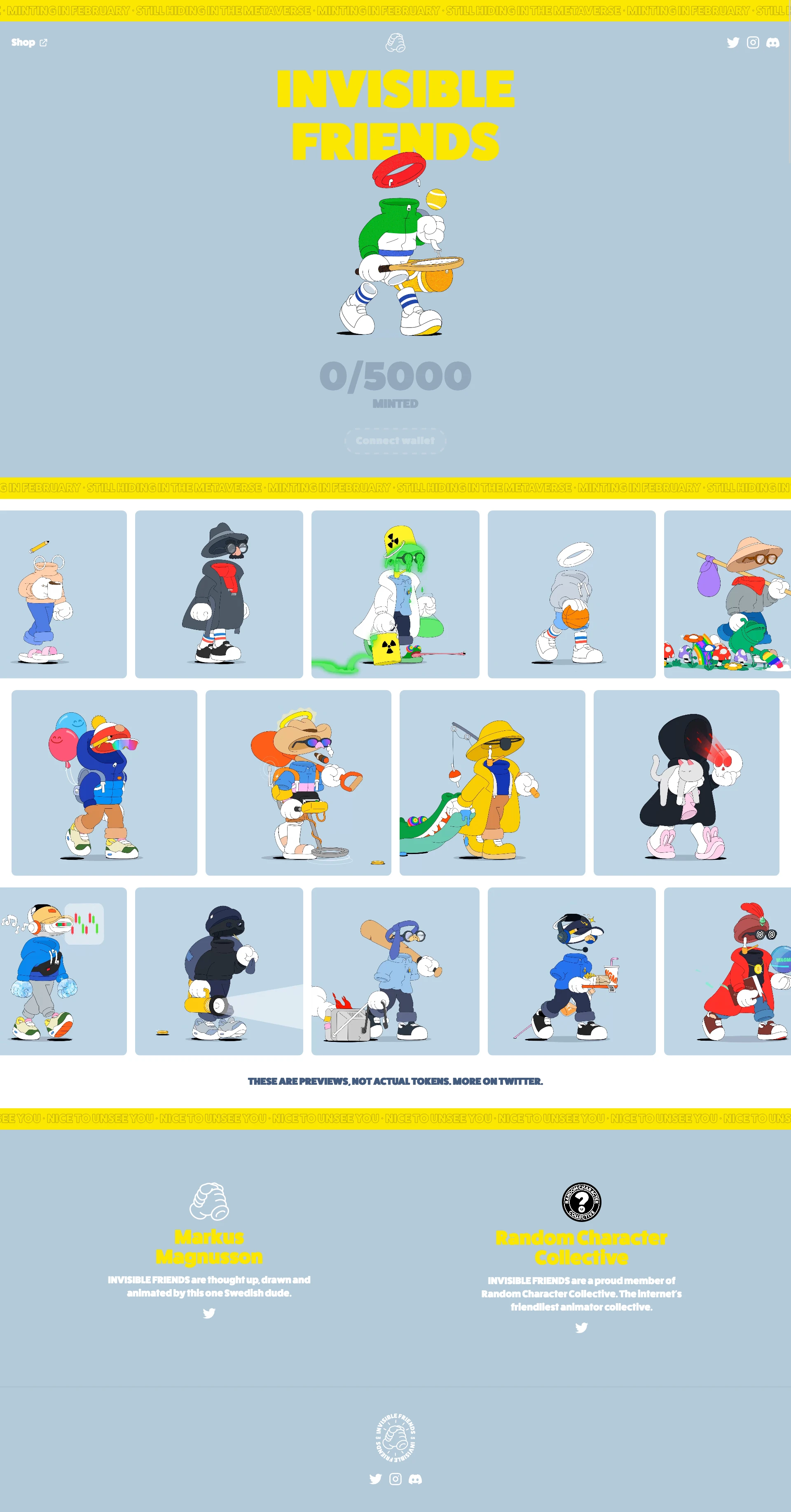INVISIBLE FRIENDS Landing Page Example: Minting in February. Still hiding in the metaverse.