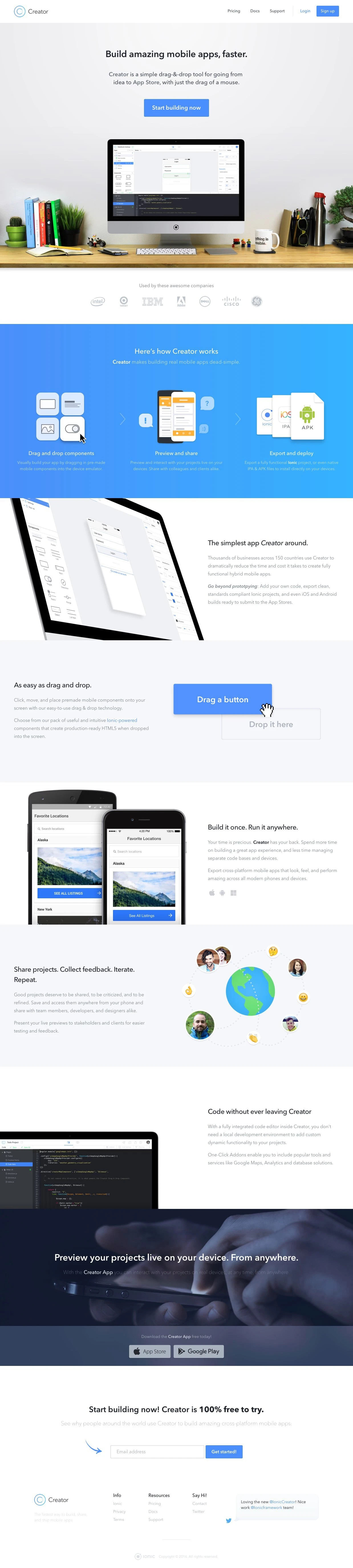 Ionic Creator Landing Page Example: Creator is a simple drag-&-drop tool for going from idea to App Store, with just the drag of a mouse. Start building now