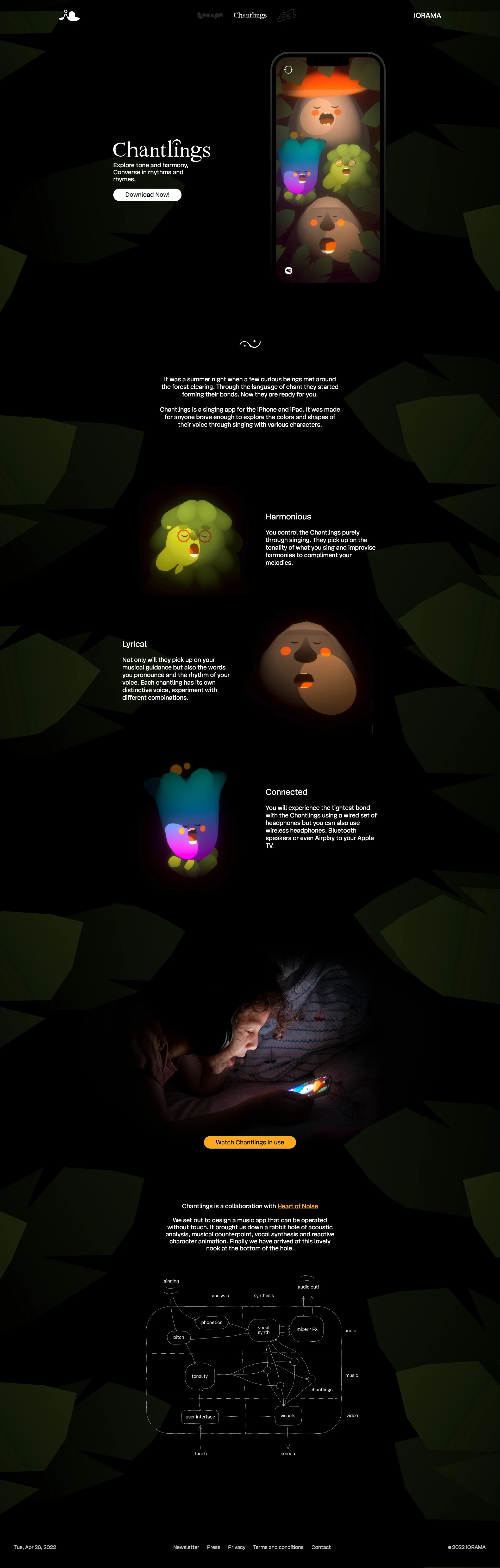 Chantlings by Iorama Landing Page Example: Inspired by musical instruments and early video games we set out to create meaningful and playful experiences for all ages with a hearty focus on creativity.