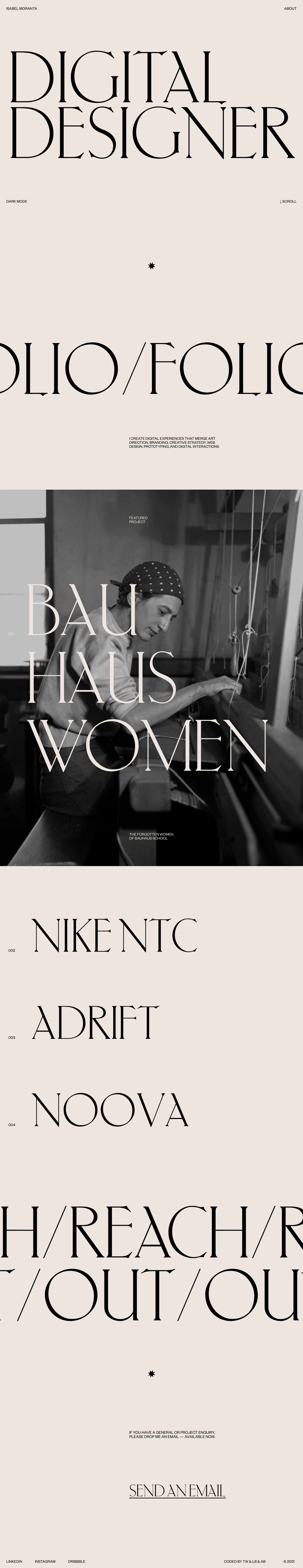 Isabel Moranta Landing Page Example: Spanish digital designer based in Toronto. I love everything that has to do with editorial design, typography, and art direction. Originally from Spain, I am now based in Canada, where I have lived for several years.