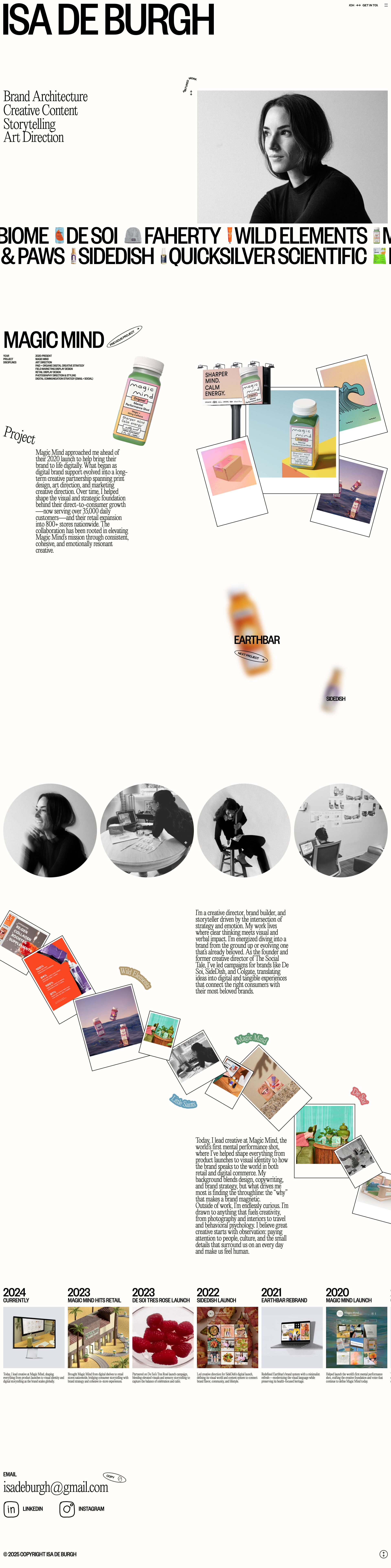 Isa de Burgh Landing Page Example: Isa de Burgh is a CPG brand architect and creative director helping food, beverage, and skincare brands build clarity, trust, and momentum through strategic design and brand marketing.