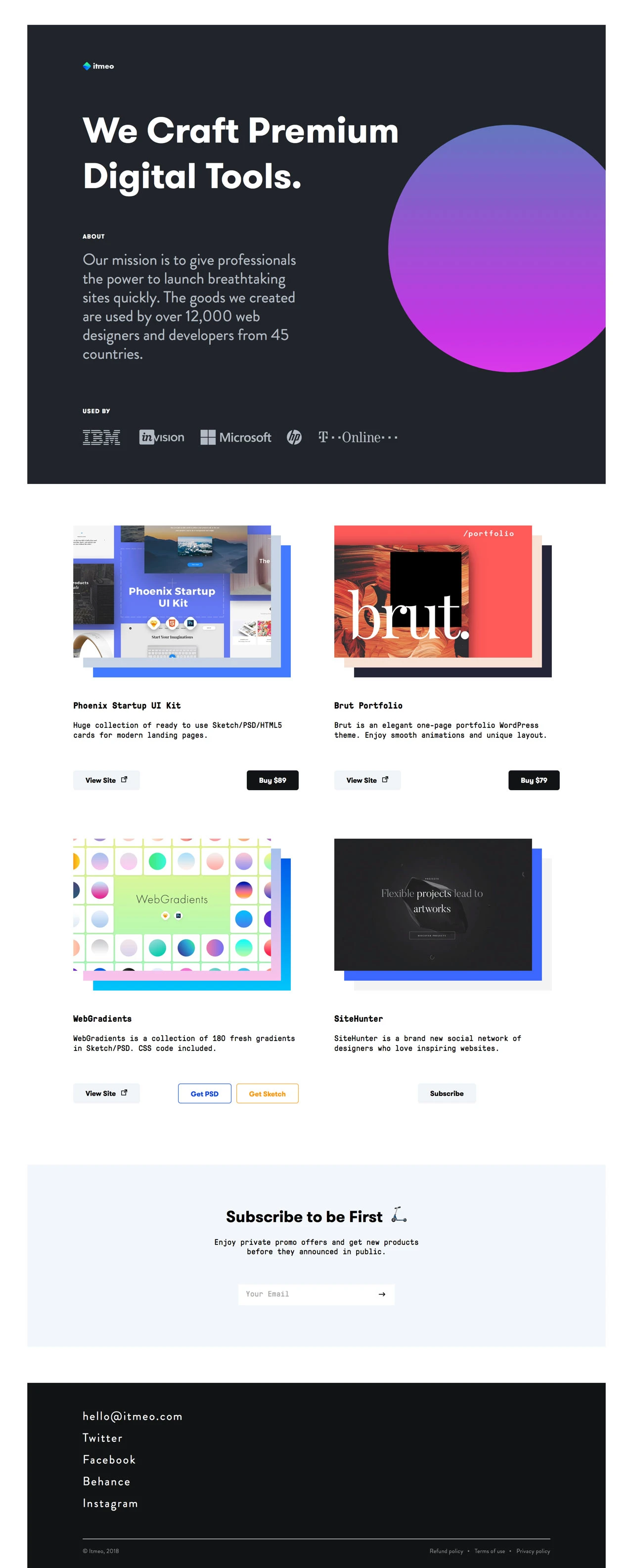 itmeo Landing Page Example: We built tools for web creatives. Come to get premium design goods.