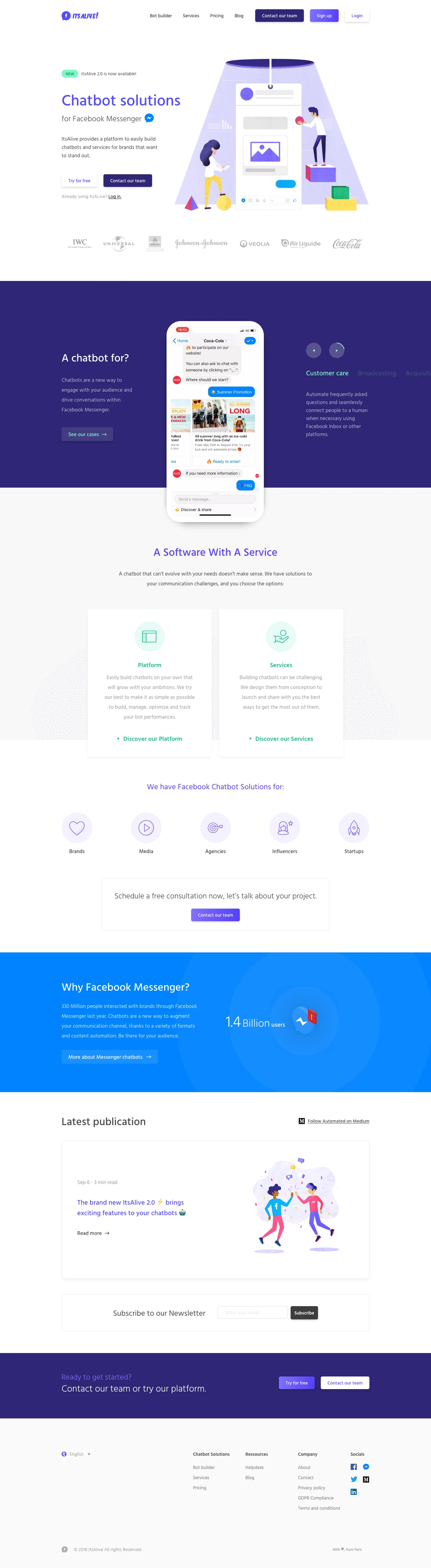 ItsAlive Landing Page Example: Facebook Chatbot Builder everyone can use. The tool that makes Facebook Chatbots easy and fast! A chatbot Platform trusted by the best with custom services for brands and agencies.