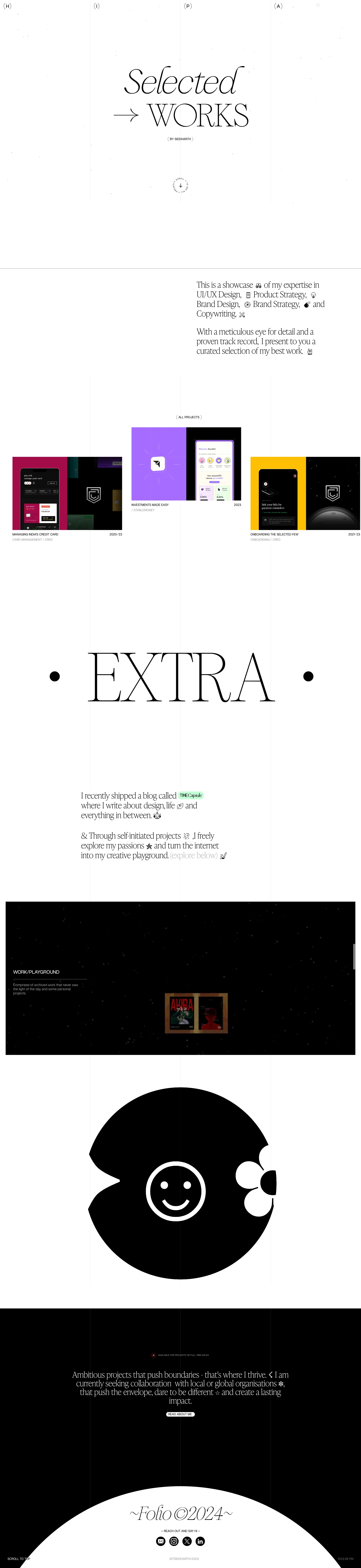 Siddharth Landing Page Example: Selected works by Siddharth © 2020-'24,  across domains like UI/UX Design, Product Strategy, Brand Design, Brand Strategy and more.