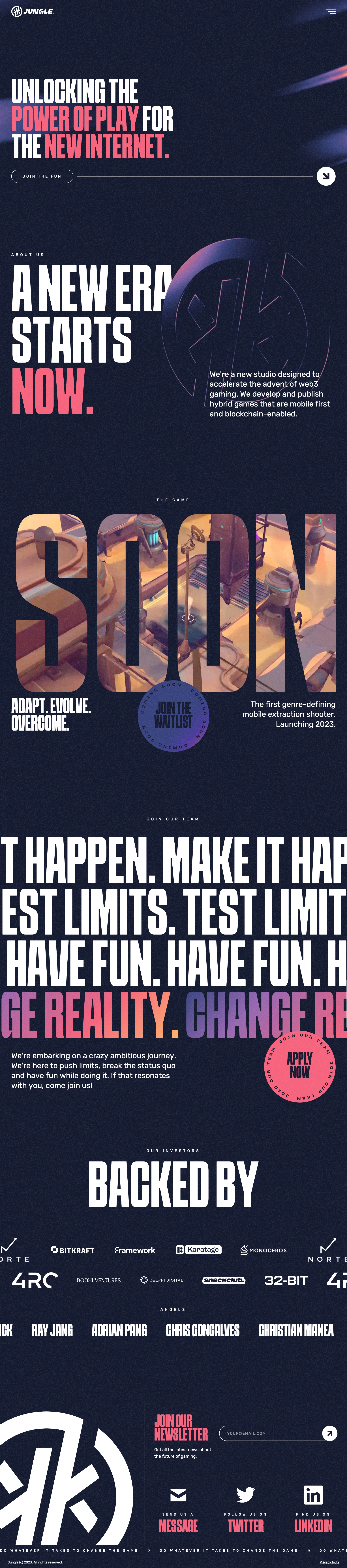 Jungle Landing Page Example: Jungle is a new web3 gaming studio. We develop and publish hybrid games that are mobile first and blockchain-enabled.