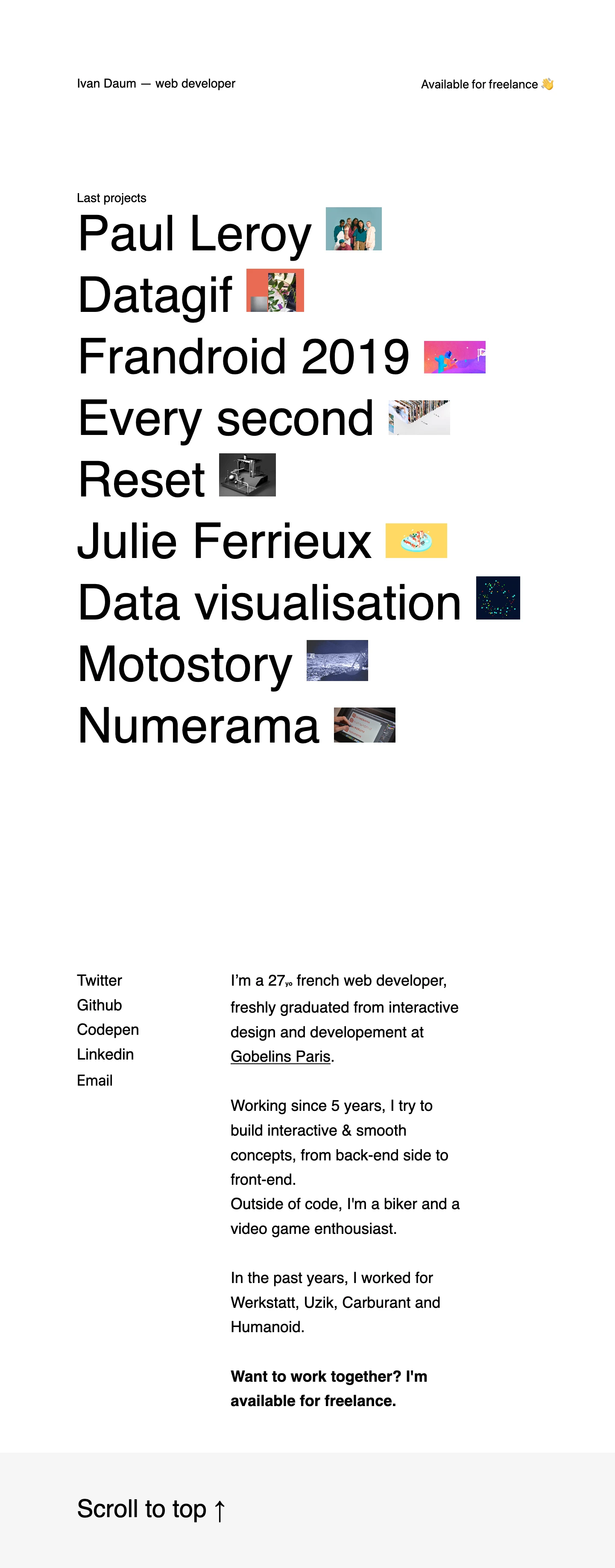 Ivan Daum Landing Page Example: I’m Ivan Daum, a french web developer, freshly graduated from interactive design and developement at Gobelins Paris