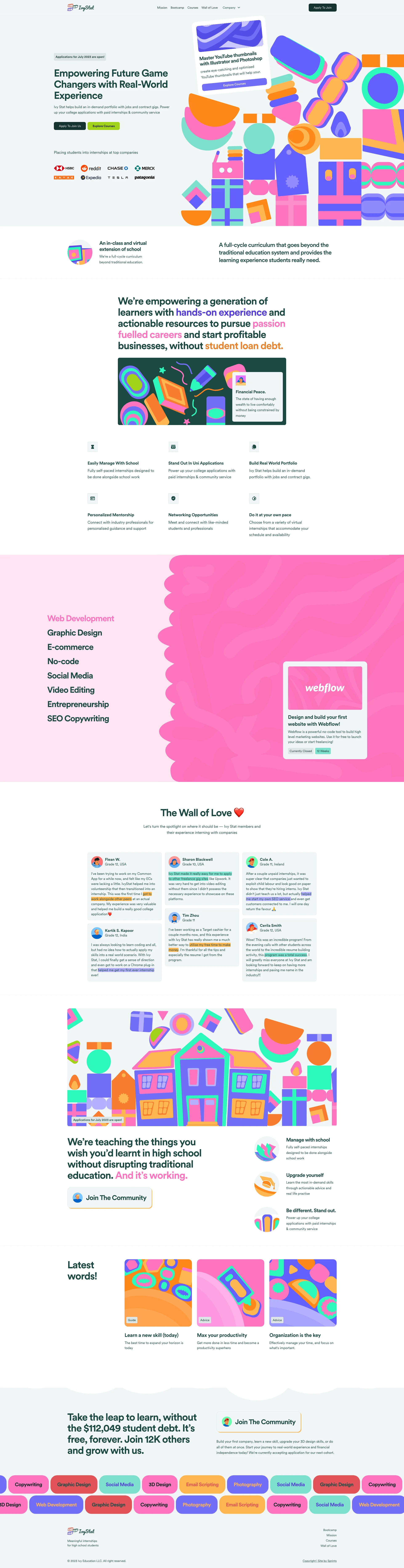 Ivy Stat Landing Page Example: Empowering Future Game Changers with Real-World Experience. Ivy Stat helps build an in-demand portfolio with jobs and contract gigs. Power up your college applications with paid internships & community service.