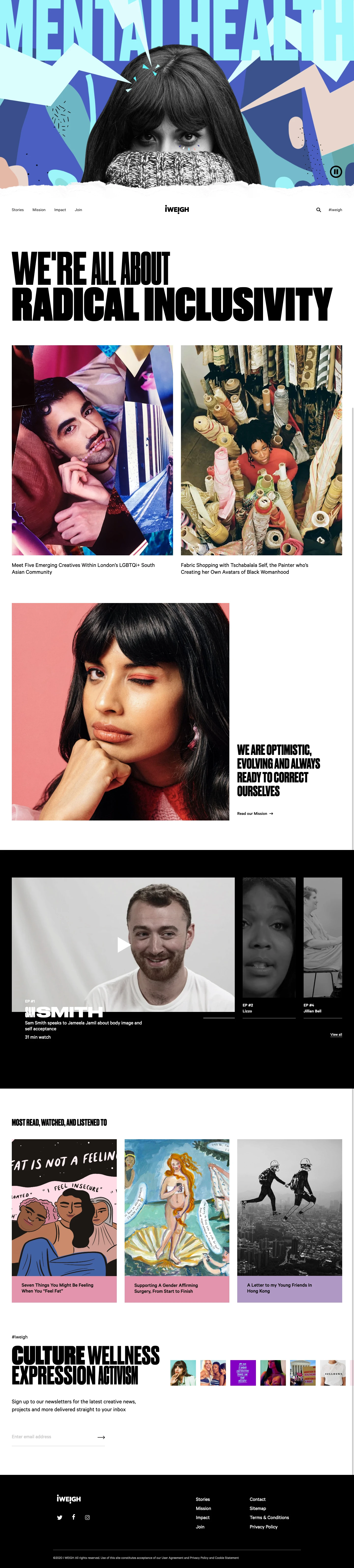 I Weigh Community Landing Page Example: I Weigh is about radical inclusivity, so that no one feels alone. Our job is to amplify, advocate, and pass the mic.