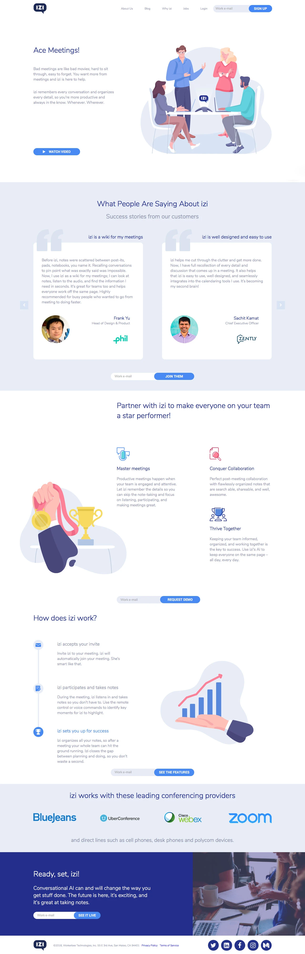 izi Landing Page Example: izi remembers every conversation and organizes every detail, so you're more productive and always in the know.