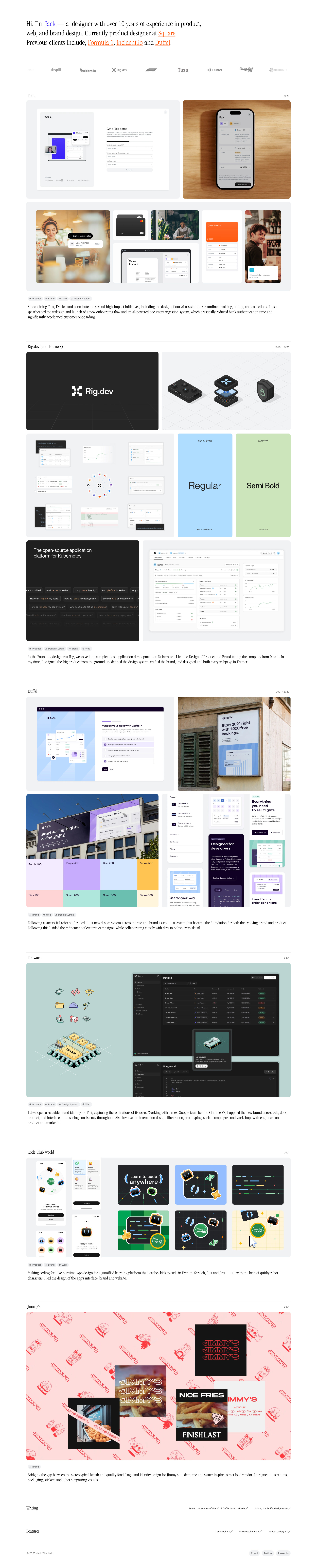 Jack Theobald Landing Page Example: Hi, I’m Jack — a  designer with over 10 years of experience in product, web, and brand design.