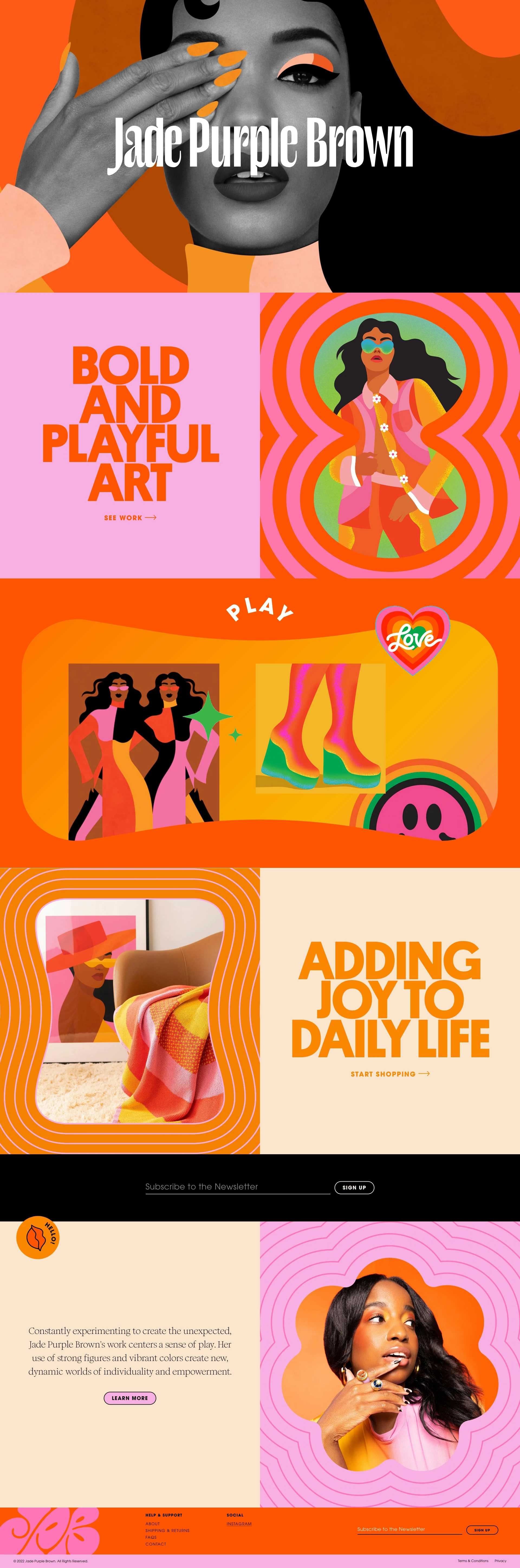 Jade Purple Brown Landing Page Example: Jade Purple Brown is an artist living in New York City. Her work uses strong figures, vibrant colors, and messages of optimism to create new, dynamic worlds of individuality and empowerment. Her artistic practice spans across Illustration, Design, and Creative Direction, and has attracted a wide range of global clients.