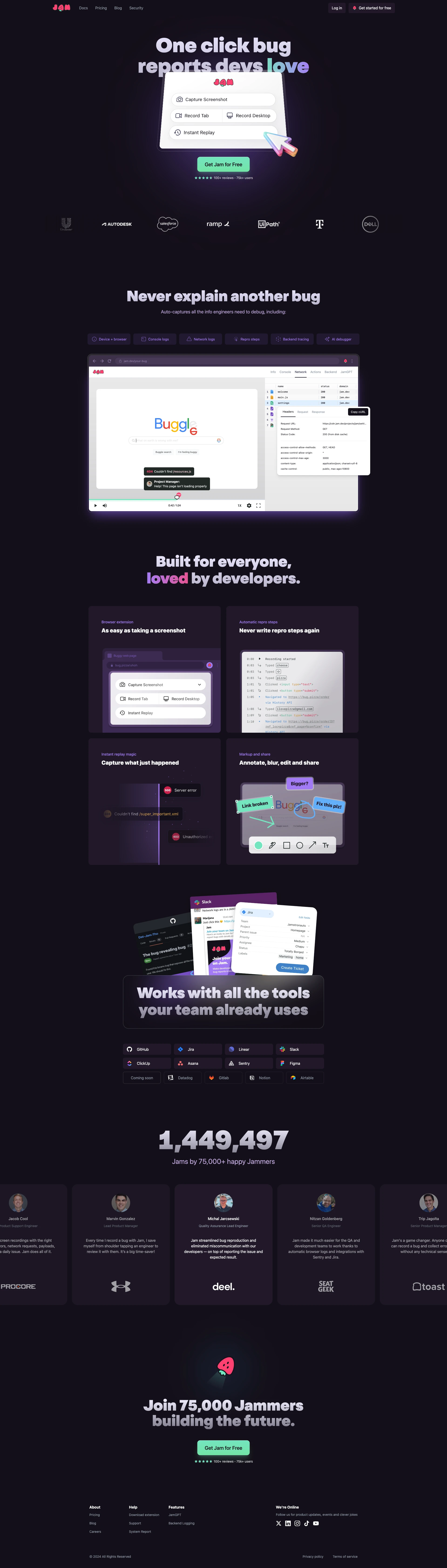 Jam Landing Page Example: Report bugs in seconds, and get back to what you were doing. It's as easy as taking a screenshot. Fast for you, and perfect for the engineers.