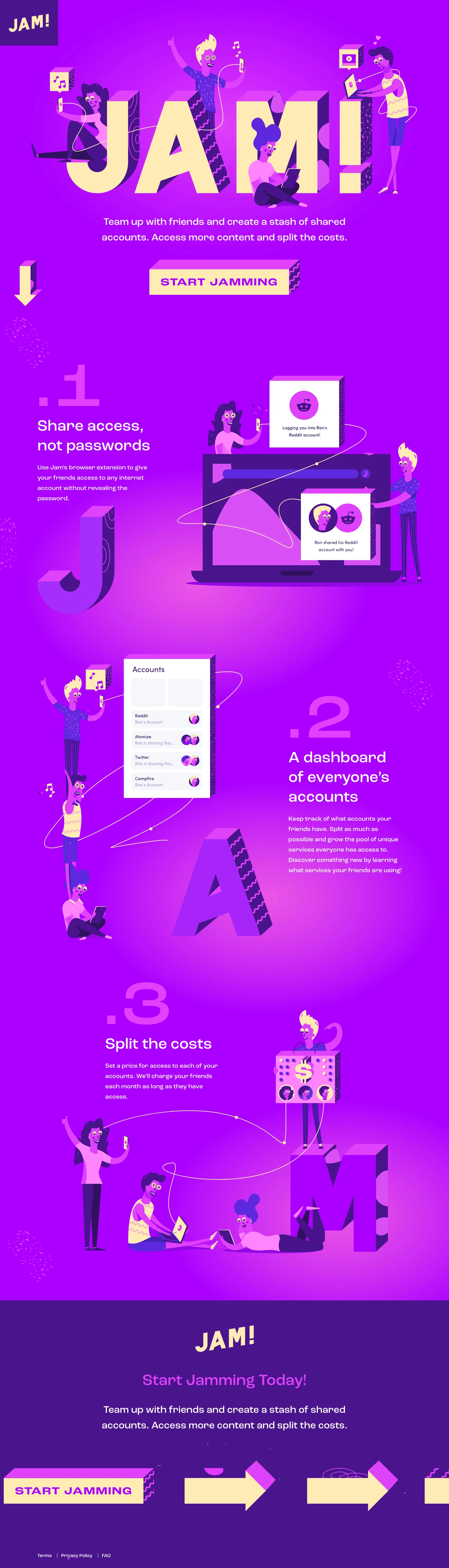 JAM! Landing Page Example: Team up with friends and create a stash of shared accounts. Access more content and split the costs.