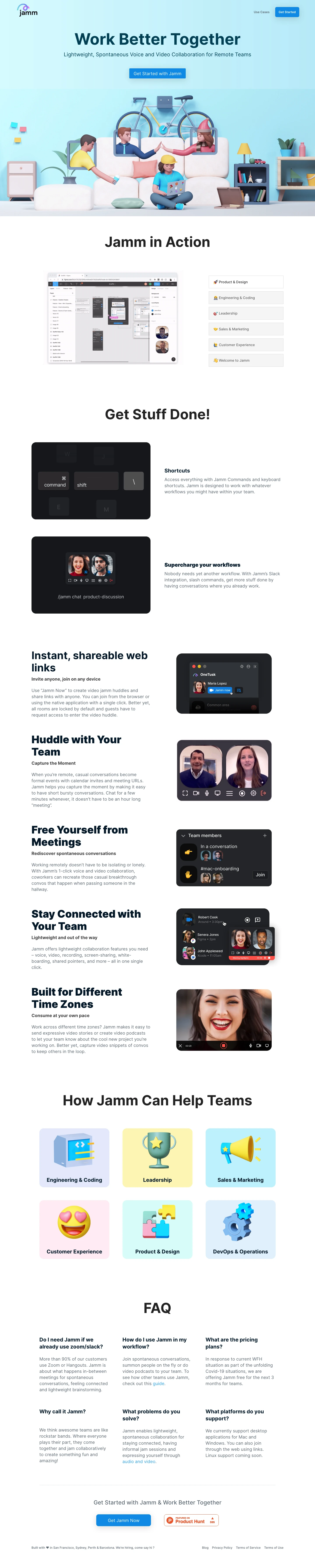 Jamm Landing Page Example: Work Better Together. Lightweight, Spontaneous Voice and Video Collaboration for Remote Teams.