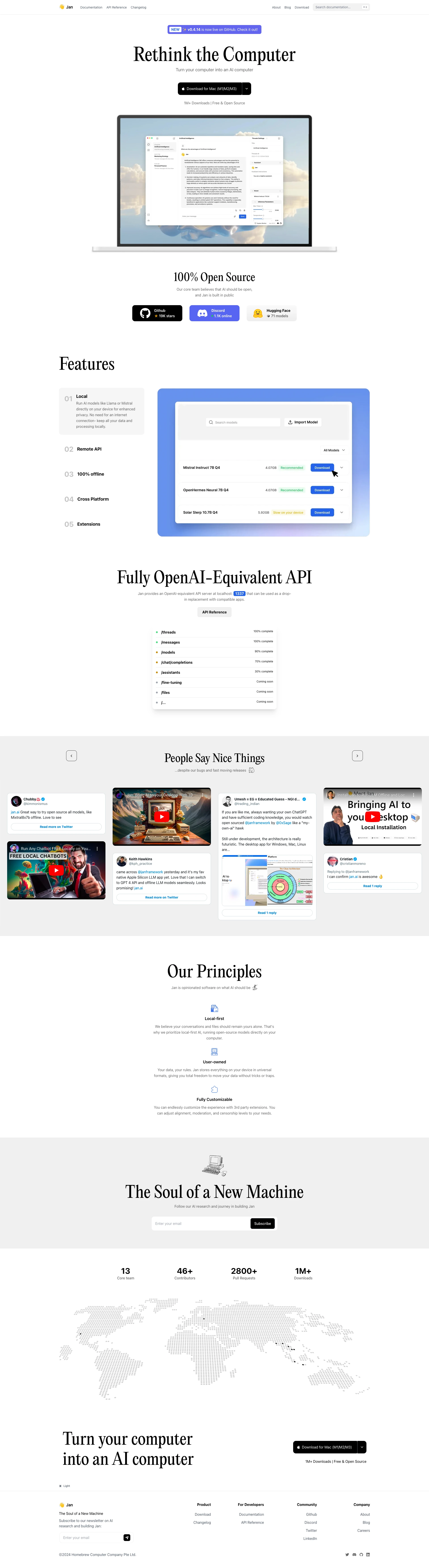 Jan AI Landing Page Example: Run LLMs like Mistral or Llama2 locally and offline on your computer, or connect to remote AI APIs like OpenAI’s GPT-4 or Groq.