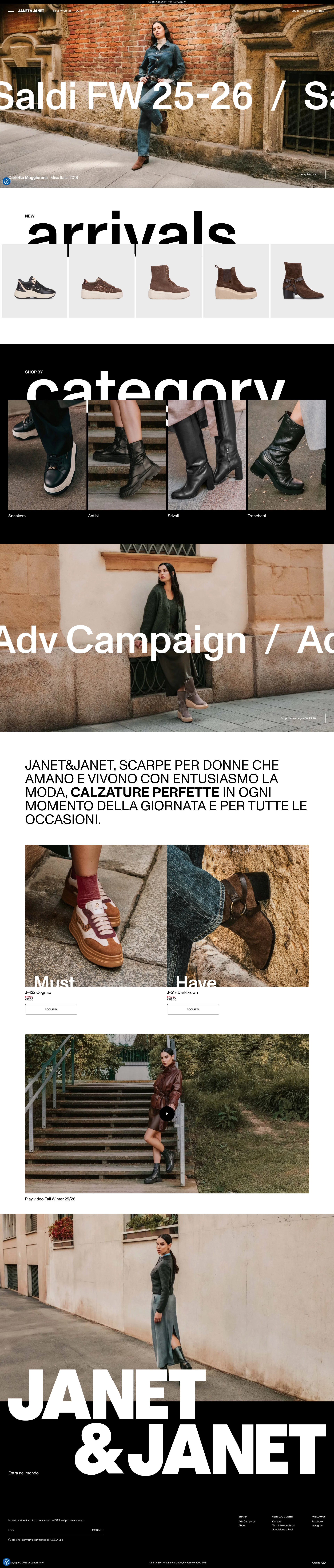 JANET & JANET Landing Page Example: Italian design, an unmistakable fashion essence and attention to detail.
