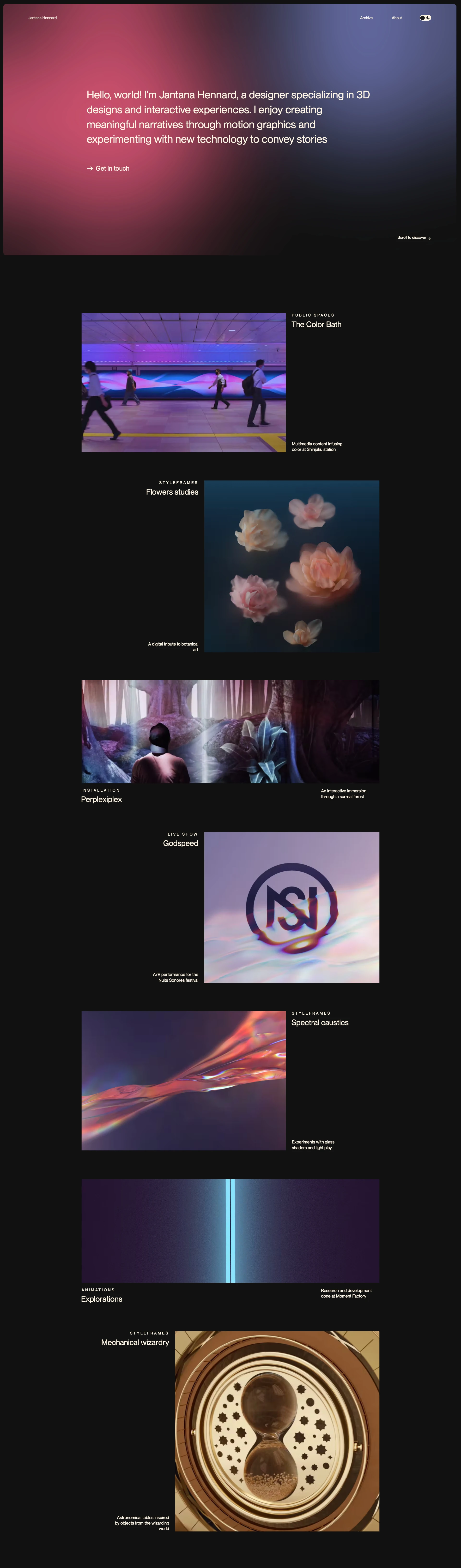 Jantana Hennard Landing Page Example: I’m Jantana Hennard, a designer specializing in 3D designs and interactive experiences. I enjoy creating meaningful narratives through motion graphics and experimenting with new technology to convey stories.
