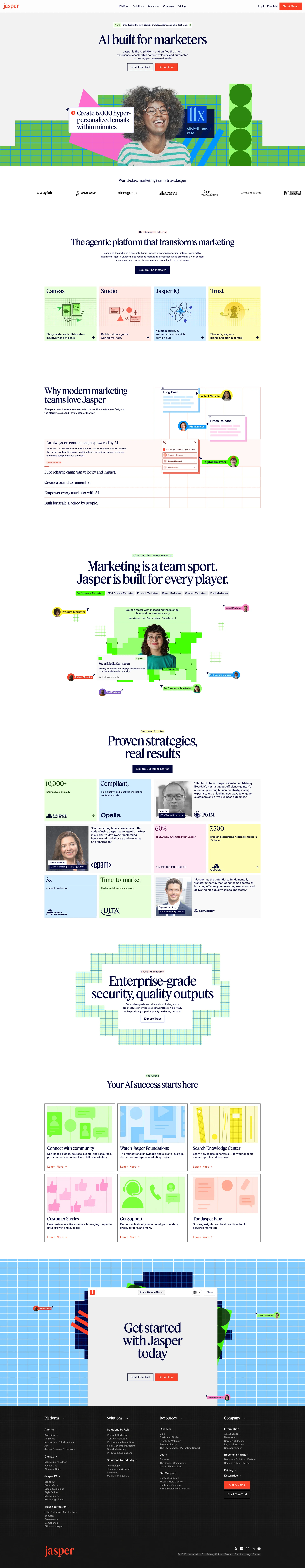 Jasper Landing Page Example: Jasper is the AI platform purpose-built to keep your marketing content real, brand-aligned, and unmistakably you—no matter how fast you move.