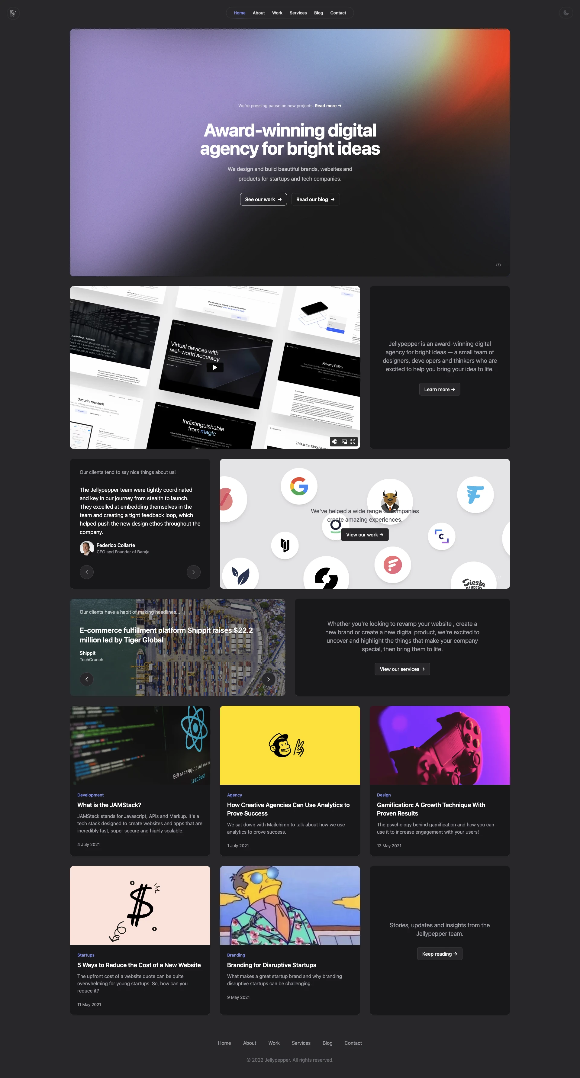Jellypepper Landing Page Example: Award-winning digital agency for bright ideas. We design and build beautiful brands, websites and products for startups and tech companies.