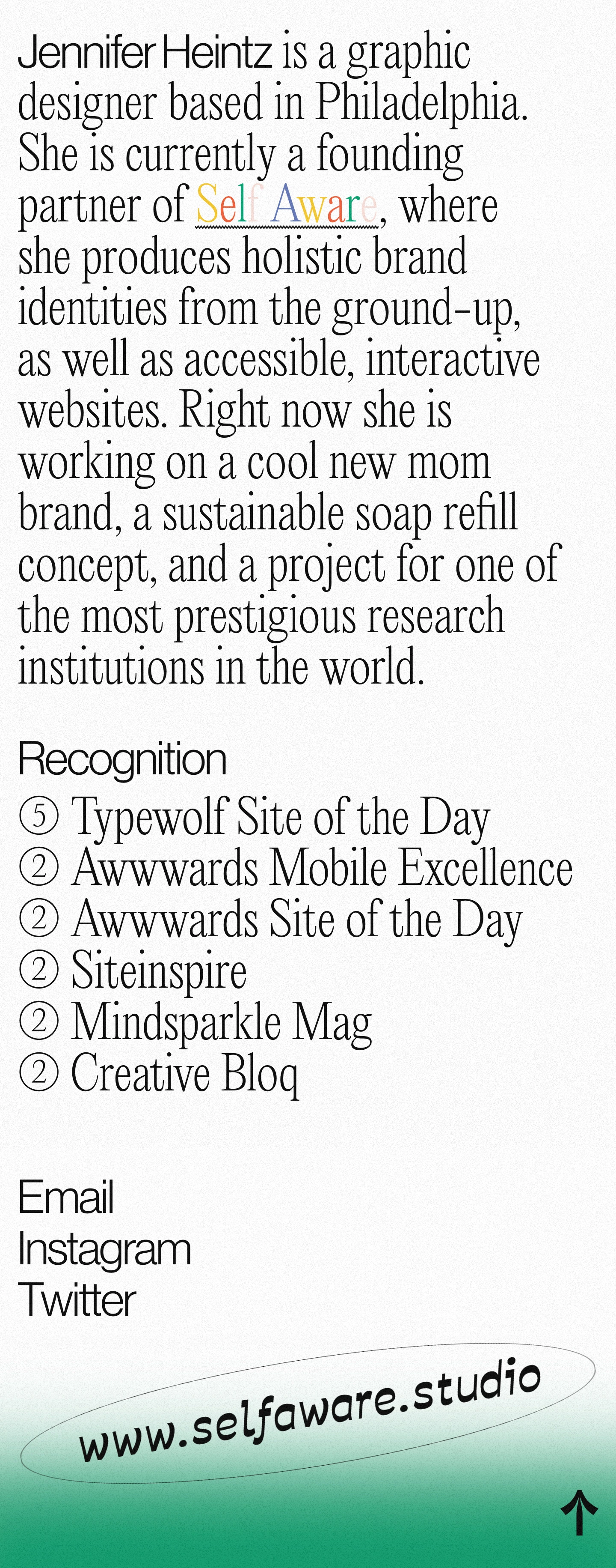 Jennifer Heintz Landing Page Example: Jennifer Heintz is a graphic designer based in Philadelphia. She is currently a founding partner of Self Aware, where she produces holistic brand identities from the ground-up, as well as accessible, interactive websites. 