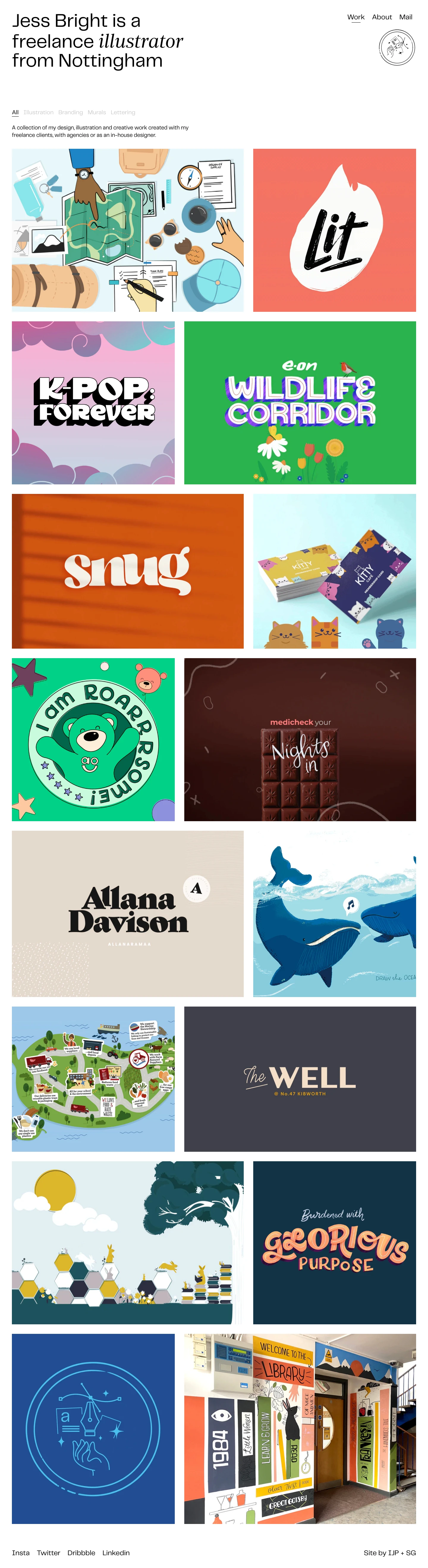 Jess Bright Landing Page Example: Jess Bright is a freelance designer and illustrator based in Nottingham, UK. Working with agencies and cool people worldwide.