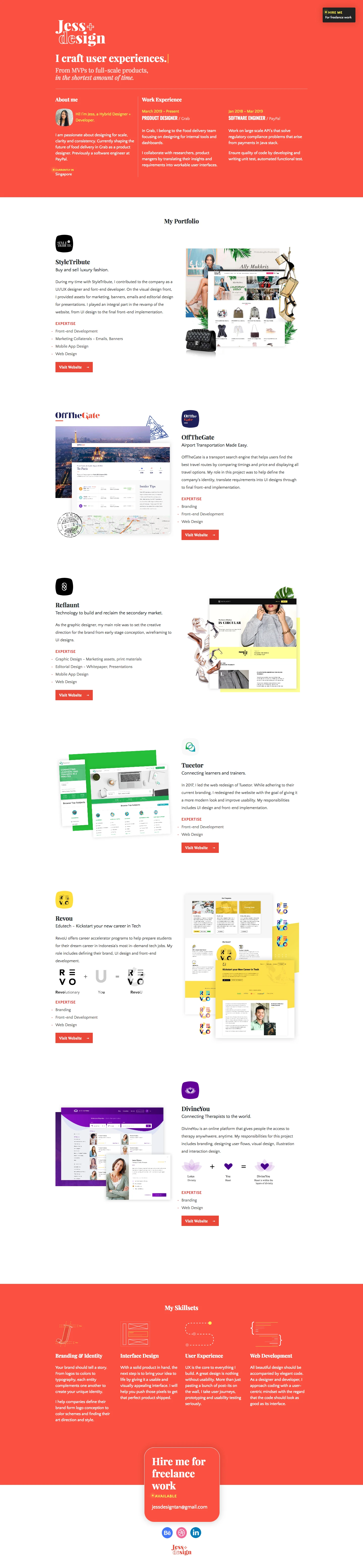 Jessign Landing Page Example: I am passionate about designing for scale, clarity and consistency. Currently shaping the future of food delivery in Grab as a product designer. Previously a software engineer at PayPal.