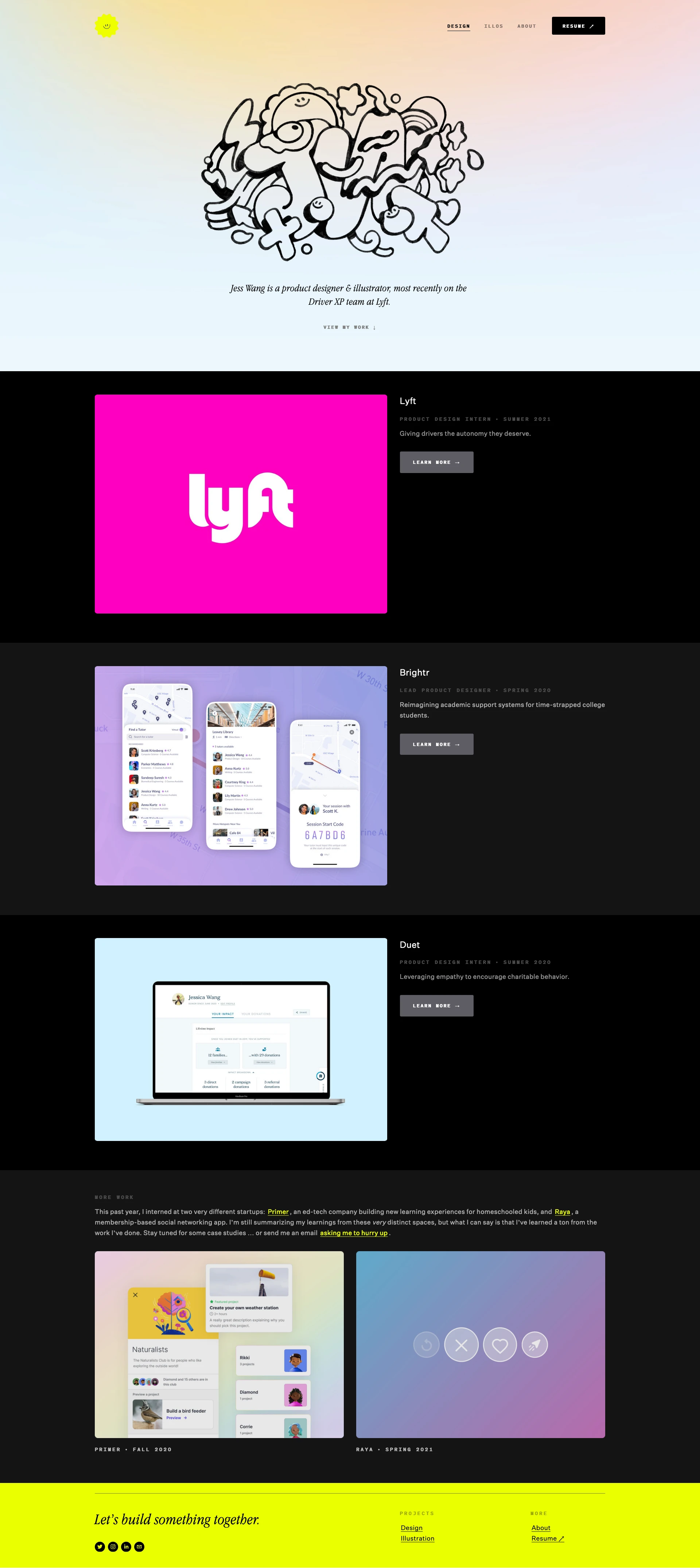 Jess Wang Landing Page Example: Jess Wang is a product designer & illustrator, most recently on the Driver XP team at Lyft.