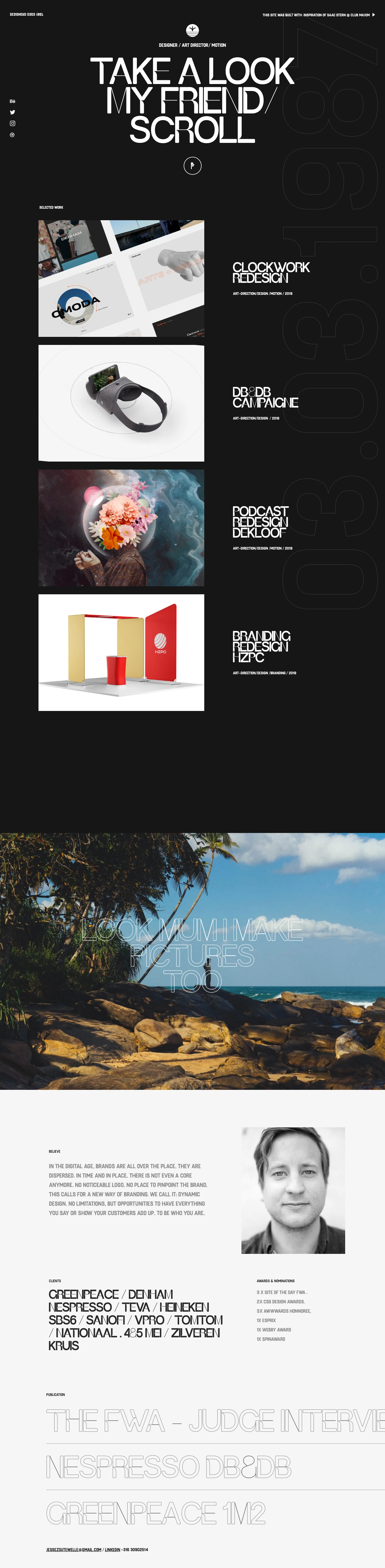 Jesse Zoutewelle Landing Page Example: Senior designer & Art director. With a passion for design/illustration and smooth animation.