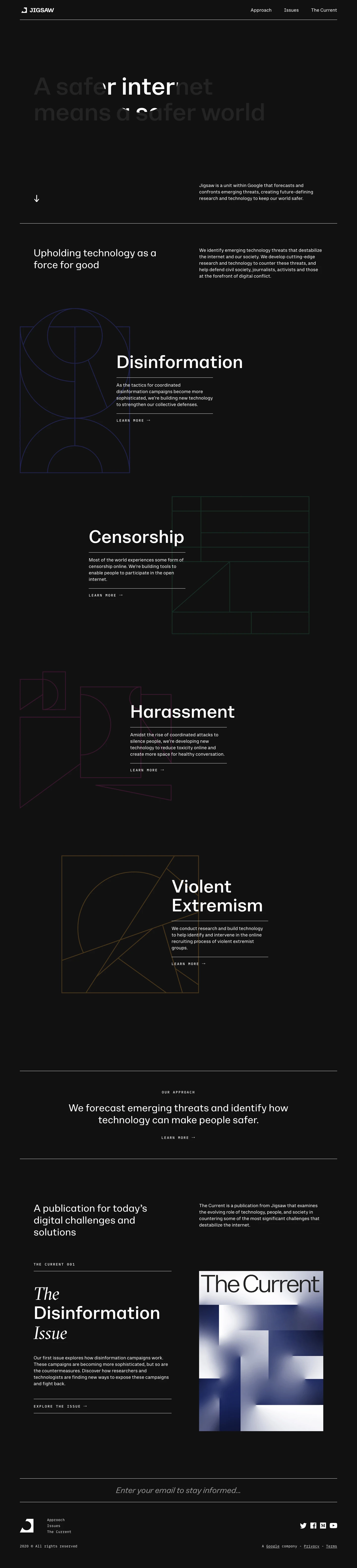 Jigsaw Landing Page Example: Jigsaw is a unit within Alphabet that forecasts and confronts emerging threats, creating future-defining research and technology to keep our world safer.