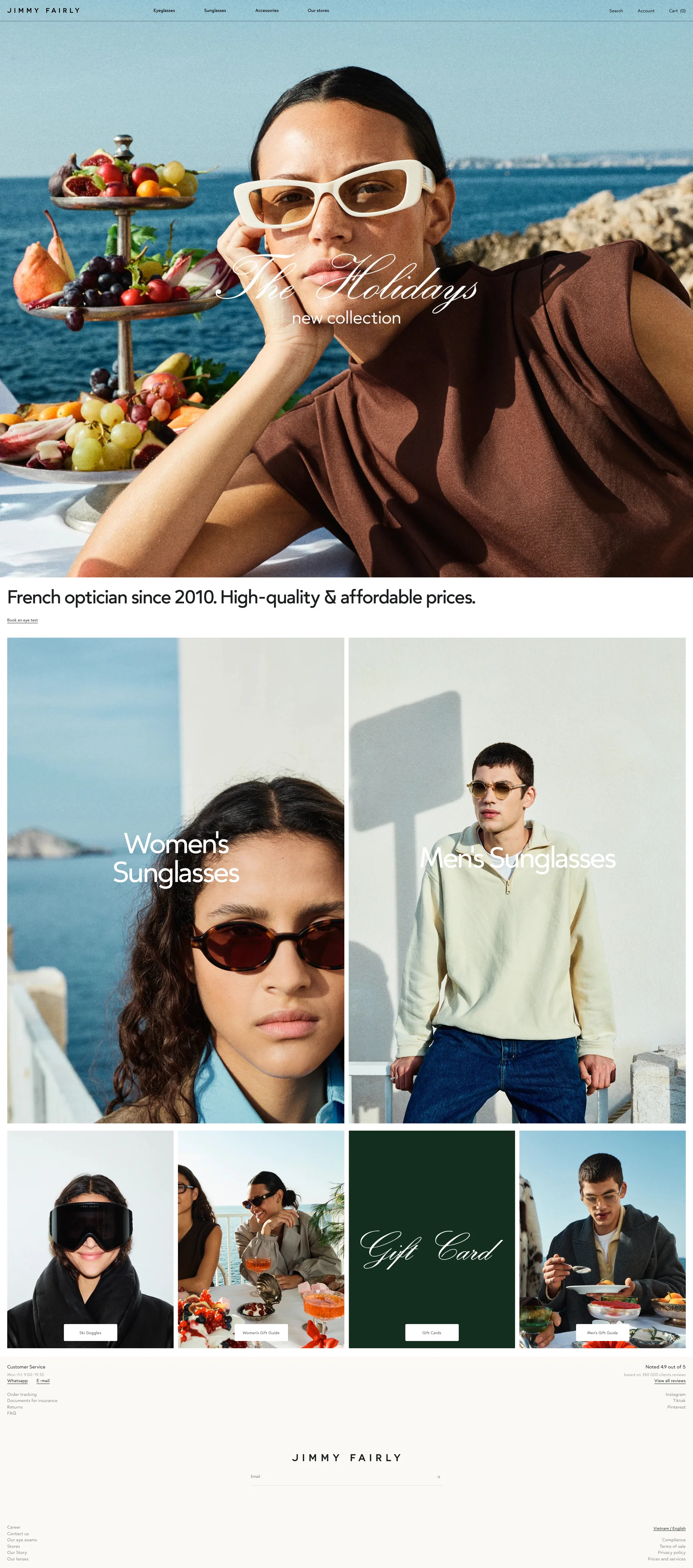 Jimmy Fairly Landing Page Example: French optician since 2010. High-quality & affordable prices. We imagine, design, and assemble our prescription glasses and sunglasses for men and women, both on our website and in our stores. For each order, we donate one to someone in need.