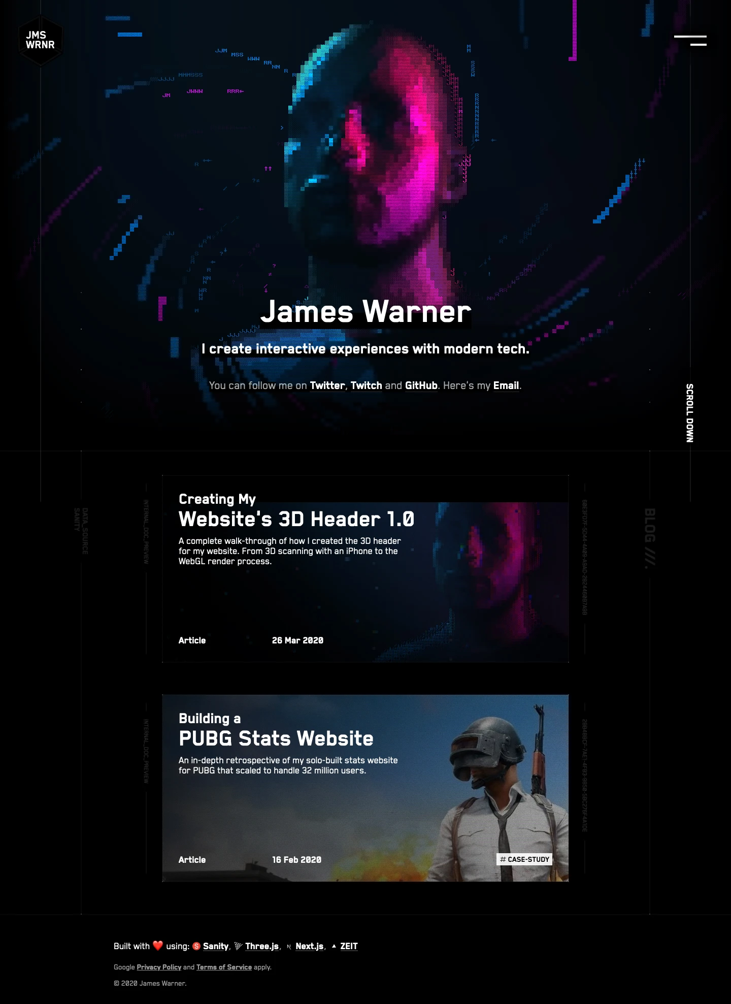 James Warner Landing Page Example: I'm a self-taught creative technologist currently based in UK with a keen interest in web dev, design and video games. I'm always driven to understand how things work internally. I believe with this low-level understanding, it's easier to make better technical decisions, generate innovative ideas and create efficient systems.
