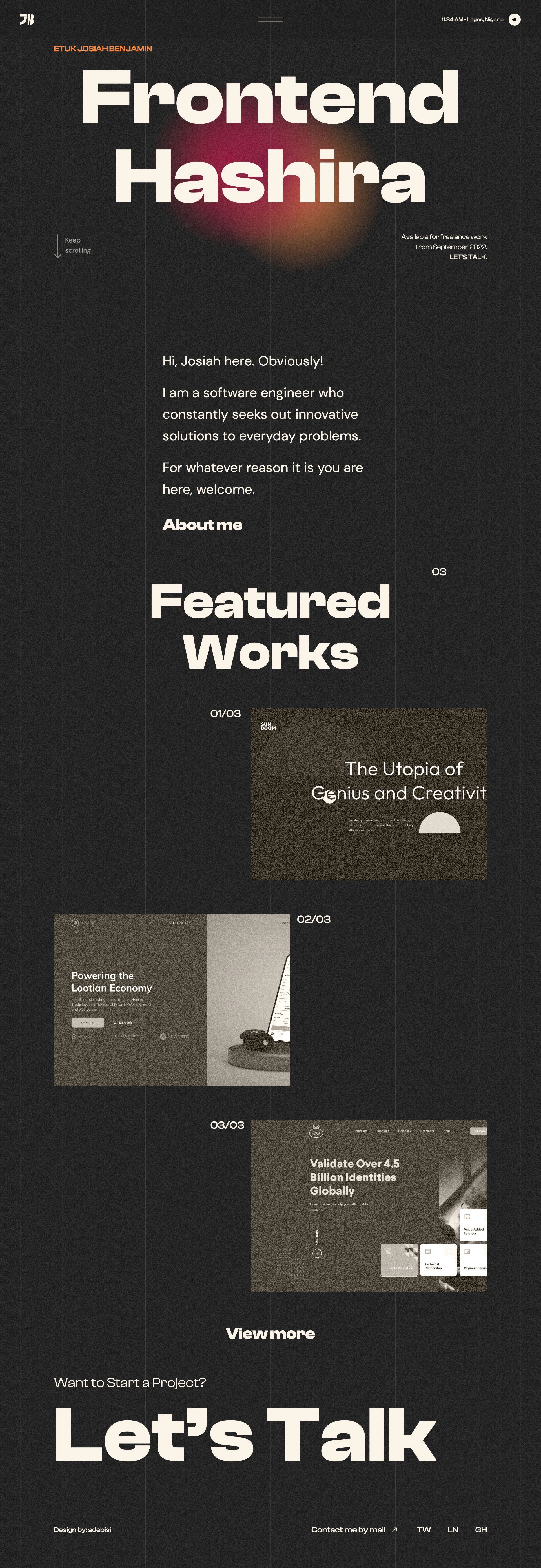 Etuk Josiah Benjamin Landing Page Example: Creative Developer based in Lagos, Nigeria dedicated to creating immersive digital experiences on the web.