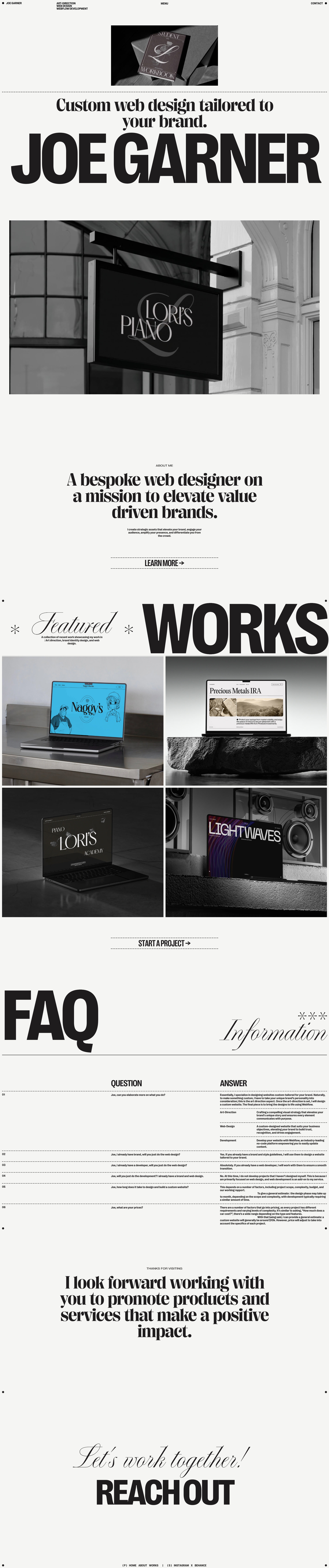 Joe Garner Landing Page Example: A bespoke web designer on a mission to elevate value driven brands. I create strategic assets that elevate your brand, engage your audience, amplify your presence, and differentiate you from the crowd.