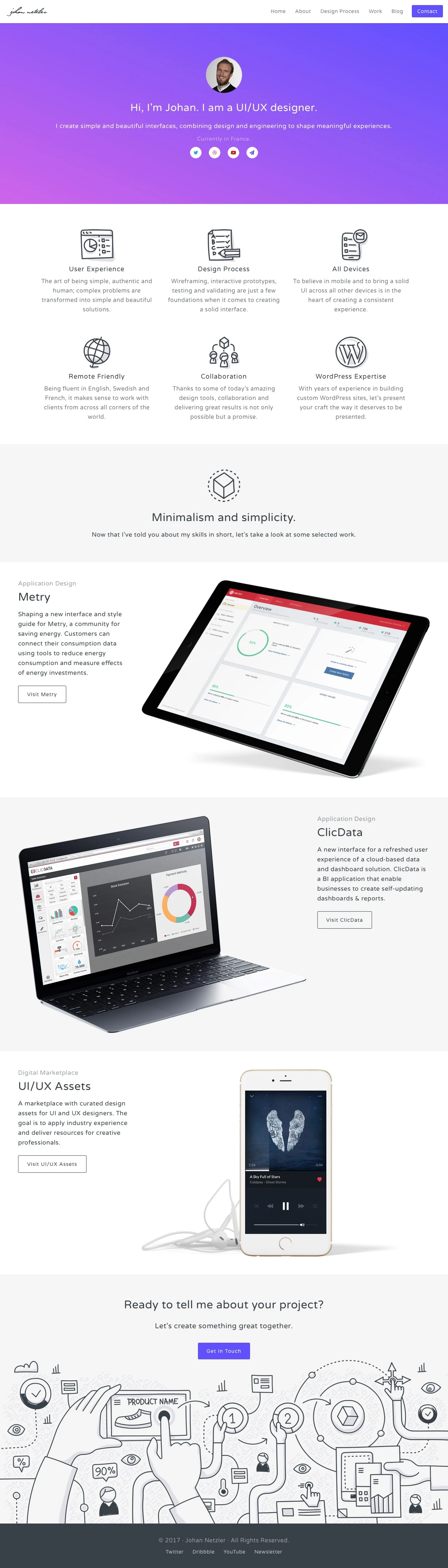 Johan Netzler Landing Page Example: I create simple and beautiful interfaces, combining design and engineering to shape meaningful experiences.