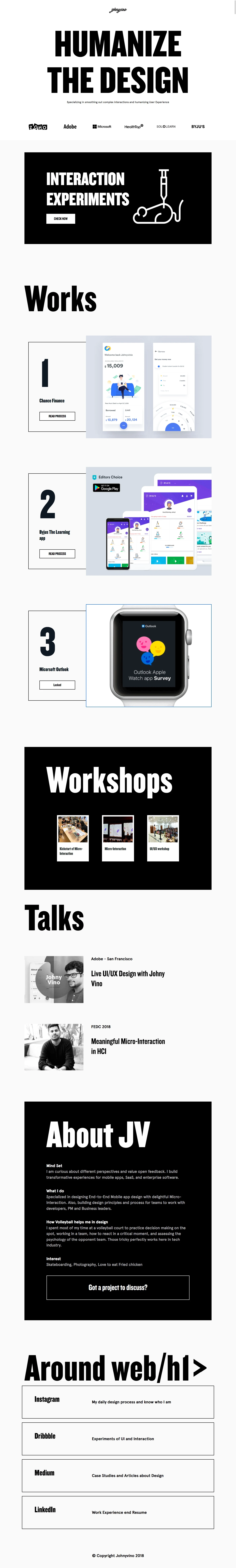 Johny Vino Landing Page Example: I am curious about different perspectives and value open feedback. I build transformative experiences from mobile apps, SaaS and enterprise software.