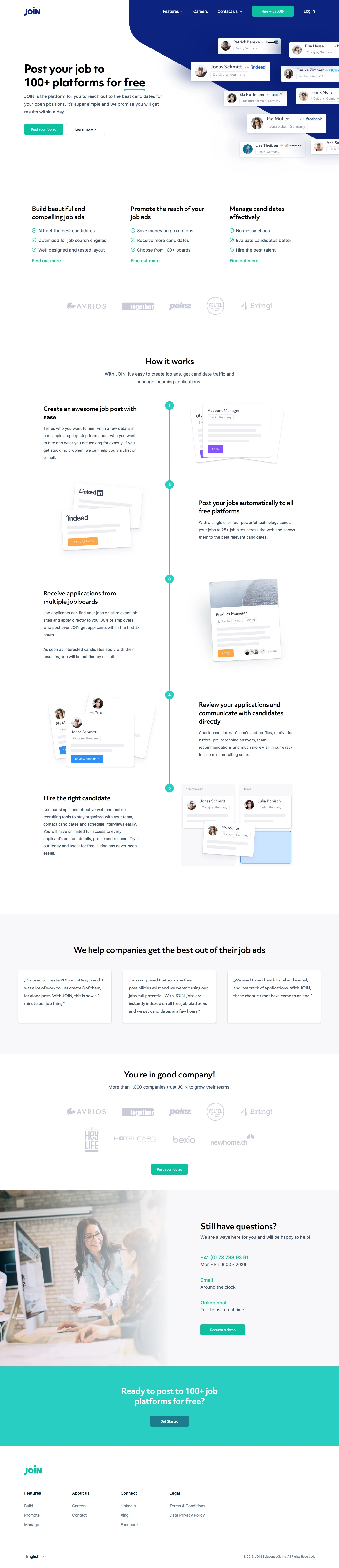 JOIN Landing Page Example: JOIN is the platform for you to reach out to the best candidates for your open positions. It’s super simple and we promise you will get results within a day.