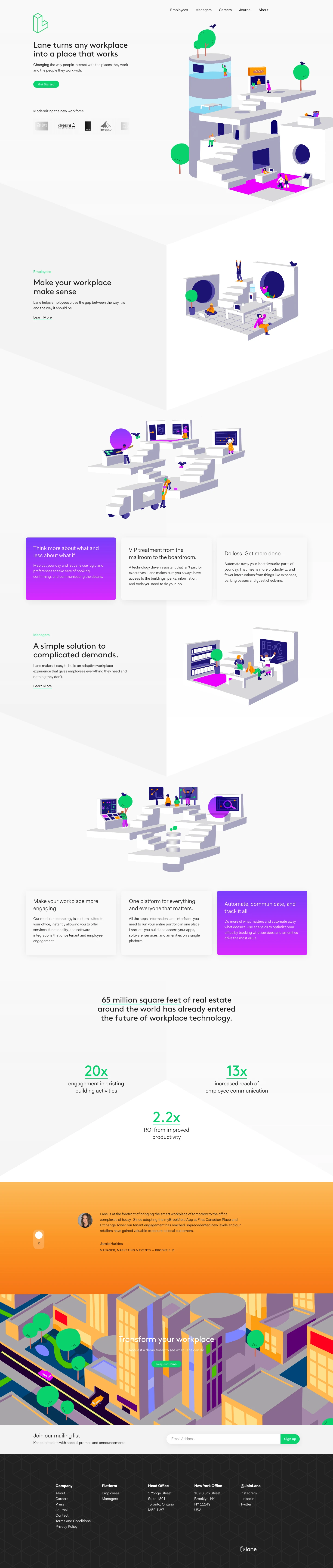 Lane Landing Page Example: Lane turns any workplace into a place that works. Changing the way people interact with the places they work and the people they work with.