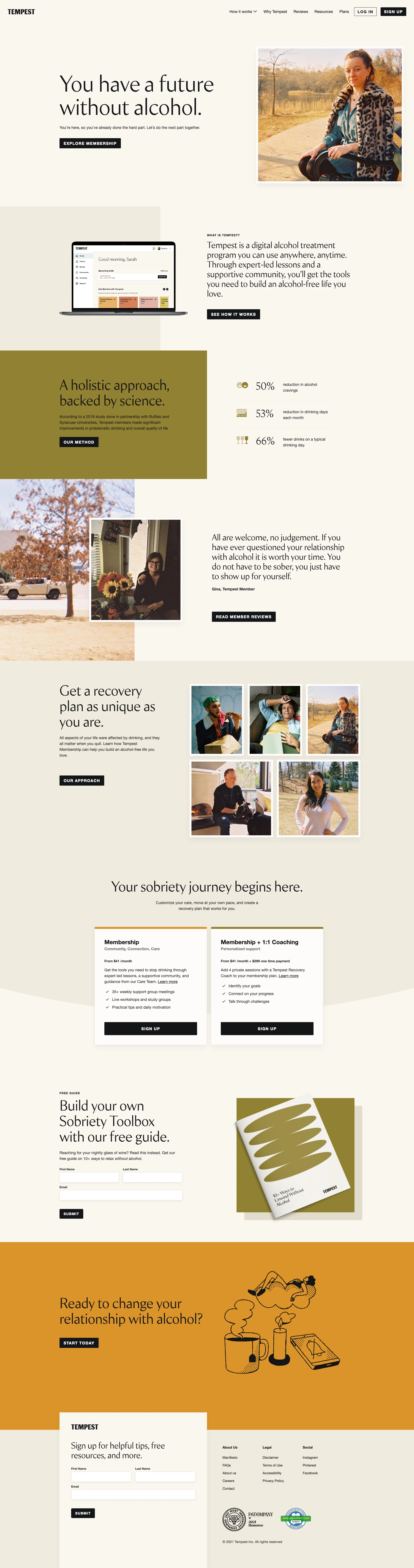 Tempest Landing Page Example: Tempest is an online alcohol treatment program that provides the tools you need to quit drinking. Get expert guidance, community support, and build healthy habits.