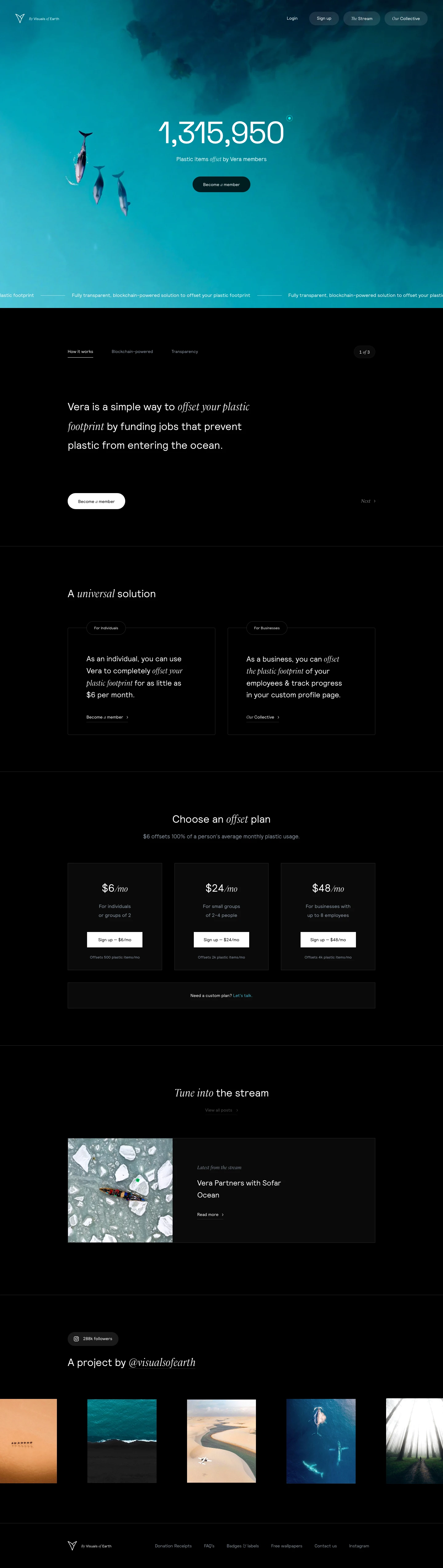 Vera Landing Page Example: Vera is a fully transparent, blockchain-powered solution to offset your plastic footprint, for individuals or businesses. More than 500,000 plastic items offset so far.