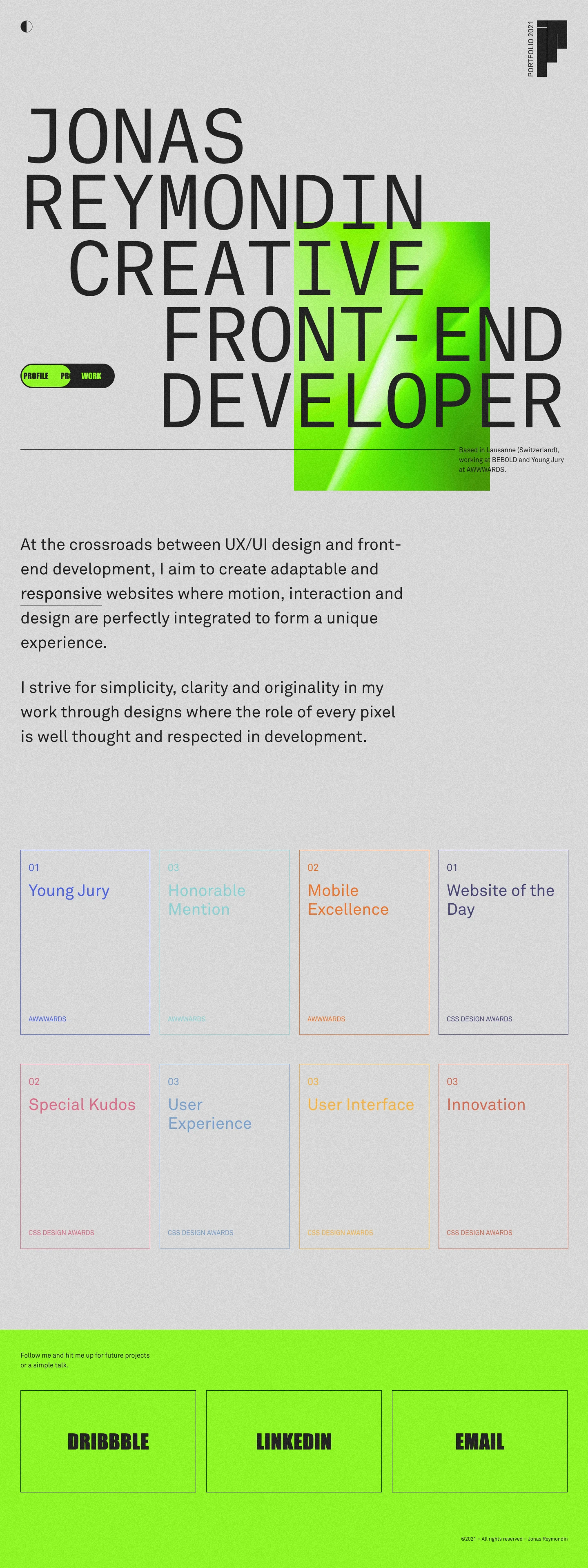 Jonas Reymondin Landing Page Example: Portfolio of Jonas Reymondin, a Creative Front-end Developer based in Switzerland. He works at bebold and is always looking for exciting projects.