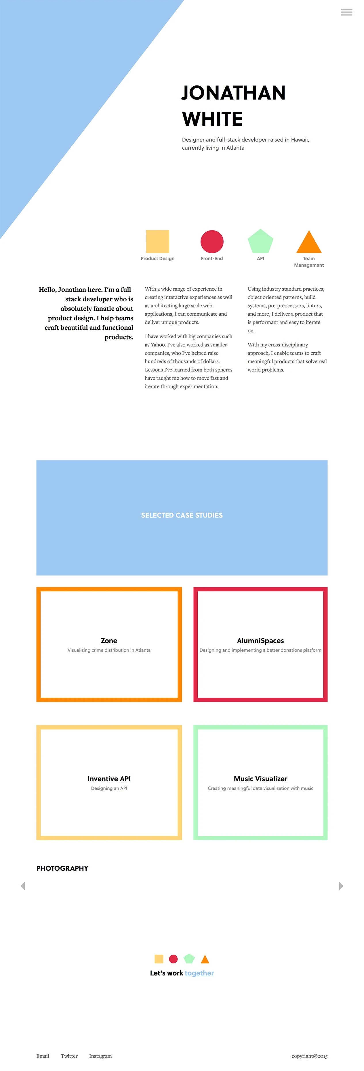 Jonathan Z. White Landing Page Example: Designer and full-stack developer raised in Hawaii, currently living in Atlanta
