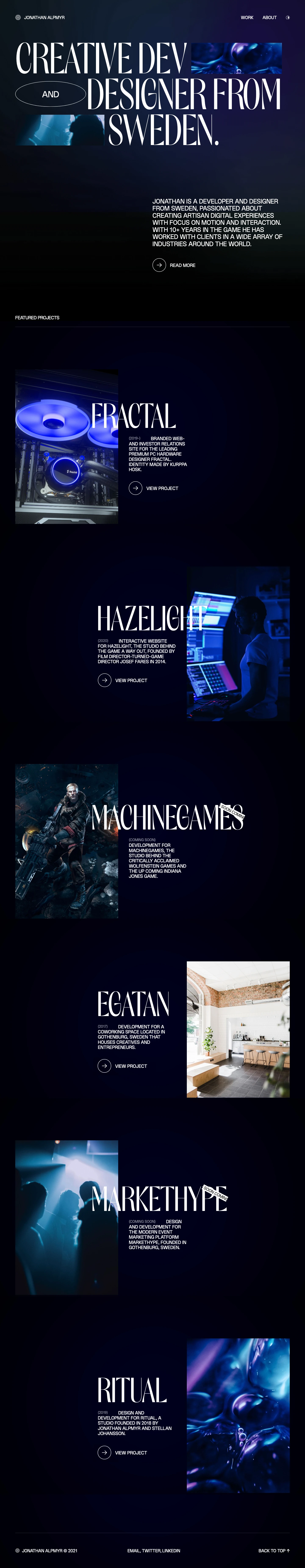 Jonathan Alpmyr Landing Page Example: Jonathan Alpmyr is a creative Developer & Designer from Sweden.