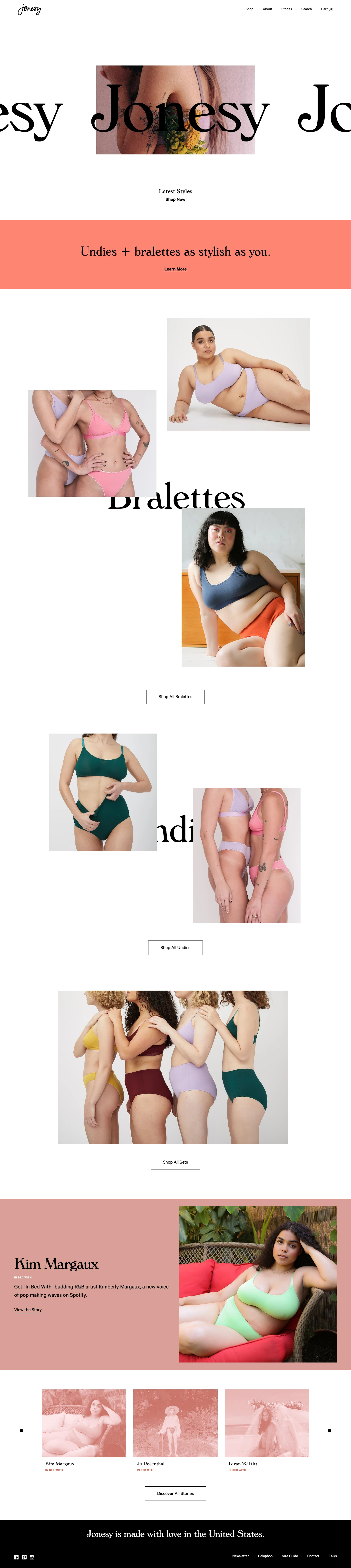 Jonesy Landing Page Example: You are anything but basic. So why should your underwear be? Jonesy is an undies line that creates minimal, sporty undies; bralettes you can fall in love with.