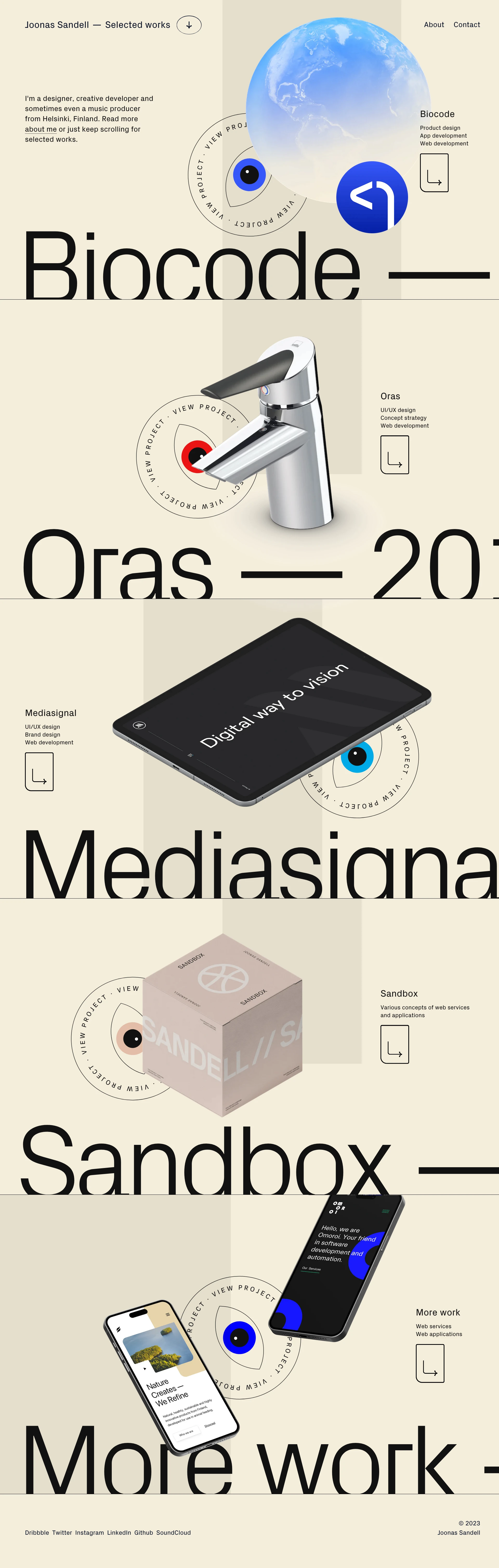 Joonas Sandell Landing Page Example: Portfolio of Joonas Sandell, UI/UX designer and creative developer of things that usually appear on screens.