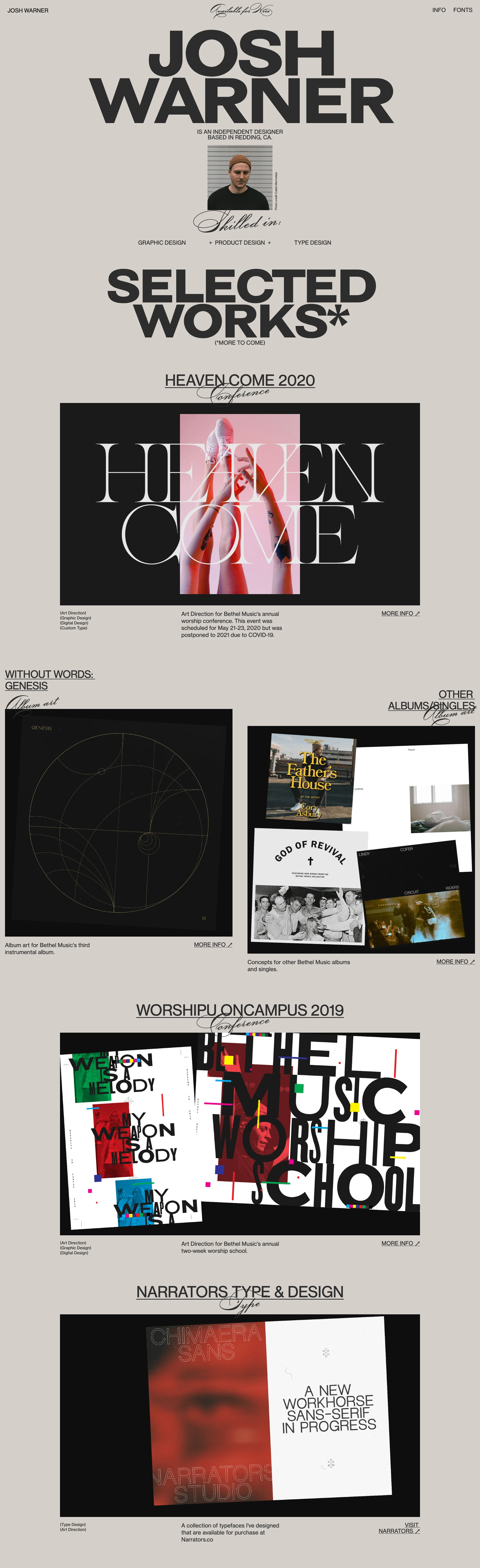 Josh Warner Landing Page Example: Formerly Senior Designer at Bethel Music, now designing for diverse clients in the music, arts, and culture sectors. I have over six years of experience across the spectrum of print design to digital product design, with a special focus in typography and type design.