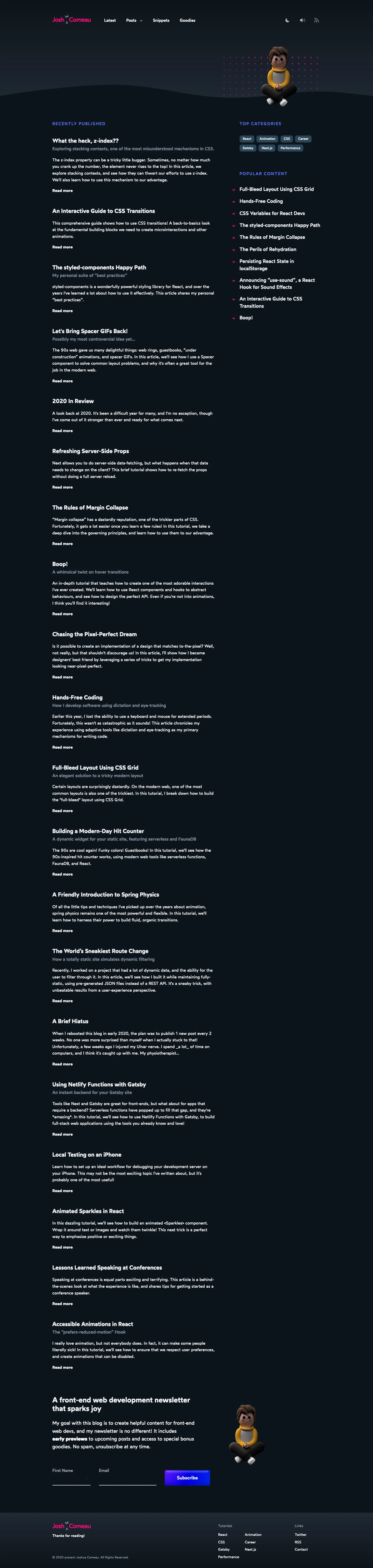Josh W Comeau Landing Page Example: Friendly tutorials for developers. Focus on React, CSS, Animation, and more!