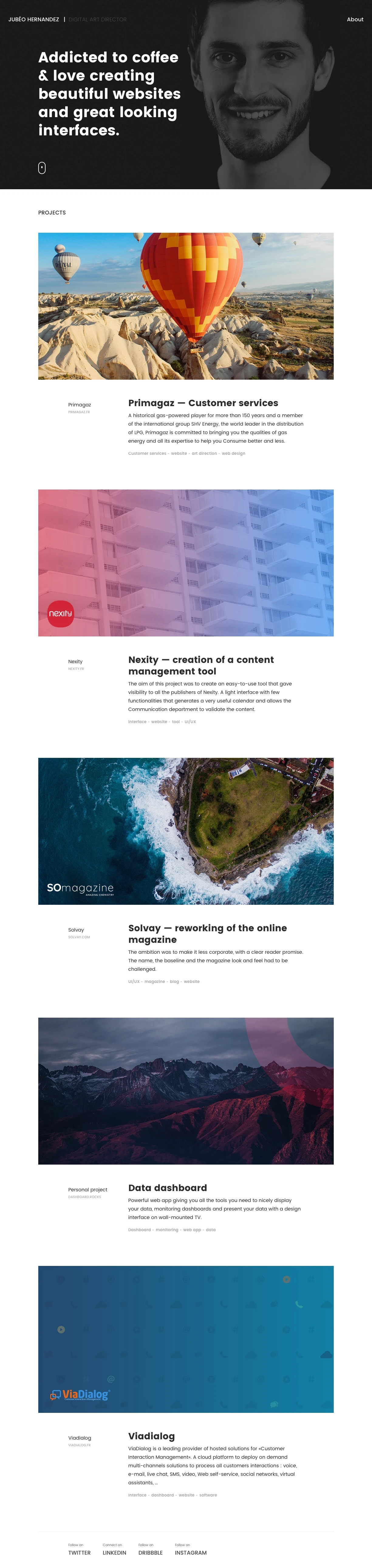 Jubéo Hernandez Landing Page Example: Addicted to coffee & love creating beautiful websites and great looking interfaces.